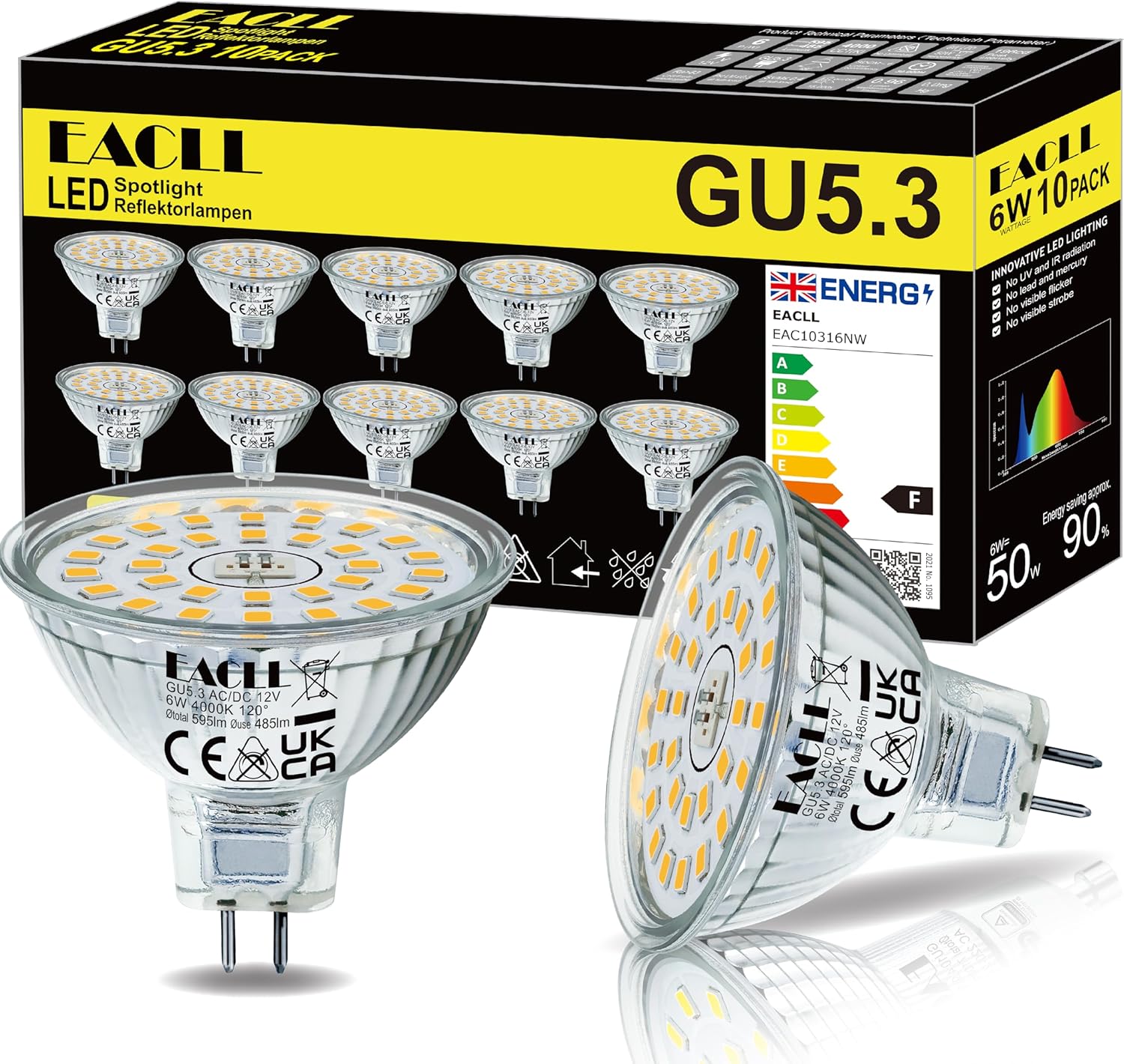 Detalle 2 de EACLL GU5.3 LED 6W 4000K MR16 – 10er-Pack, flimmerfrei, 12V AC/DC