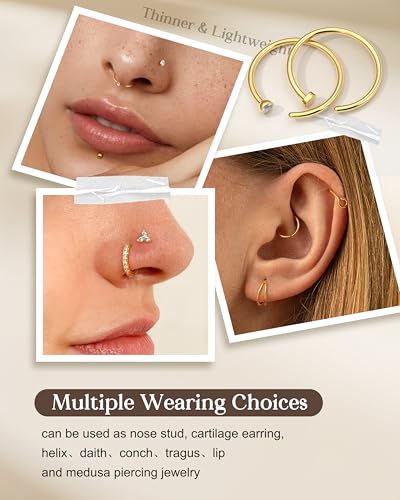 Detalle de CASSIECA 20G Gold Nose Ring & Stud Kit – Hypoallergenic 316L Surgical Steel with CZ Diamonds