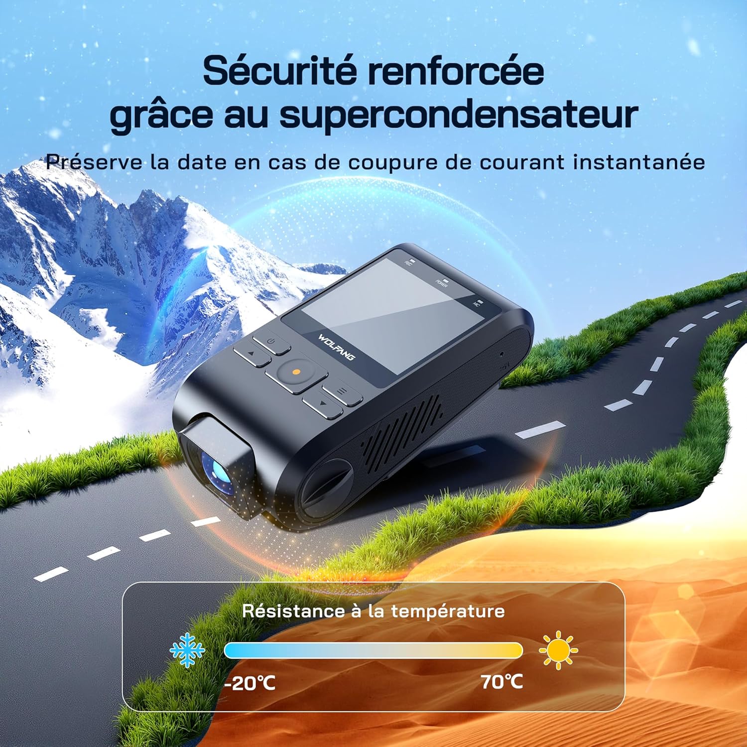 Thumbnail 5 de WOLFANG Dashcam Voiture 2,5K Wi‑Fi avec carte microSD 32G, capteur G et mode stationnement 24 h