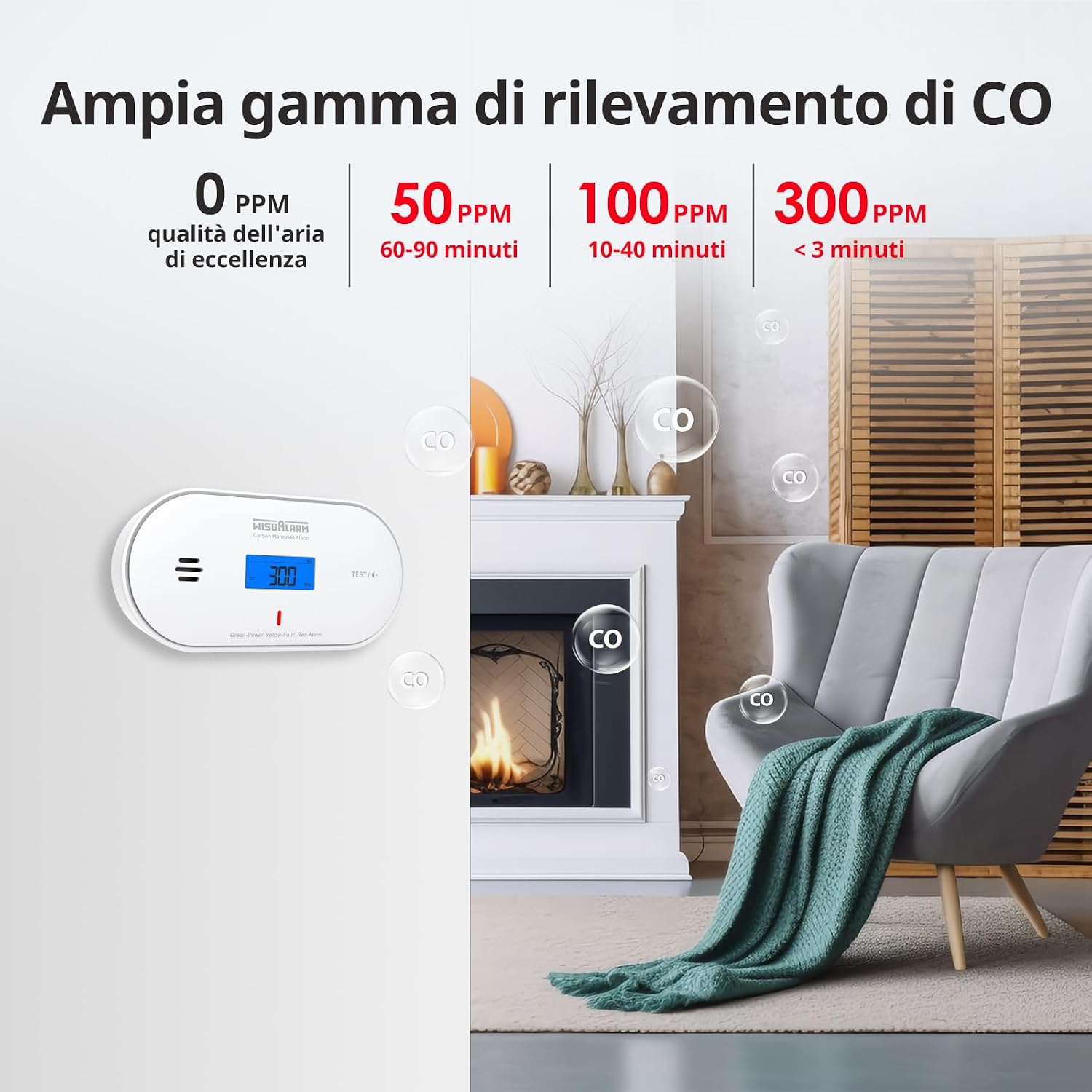 Detalle de Rilevatore di monossido di carbonio con batteria sigillata da 10 anni: monitoraggio CO, temperatura e umidità • display LCD
