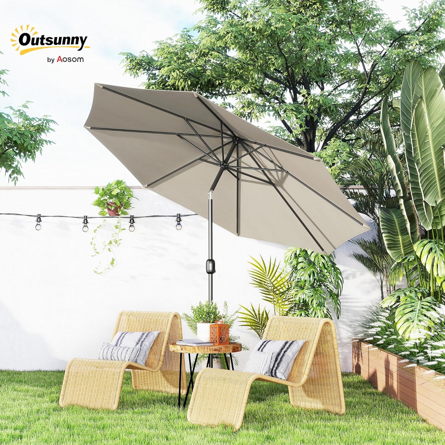Thumbnail 1 de Outsunny Parasol de jardin extérieur droit inclinable Ø 2,95 m – Gris clair, métal et toile 180 g/m²