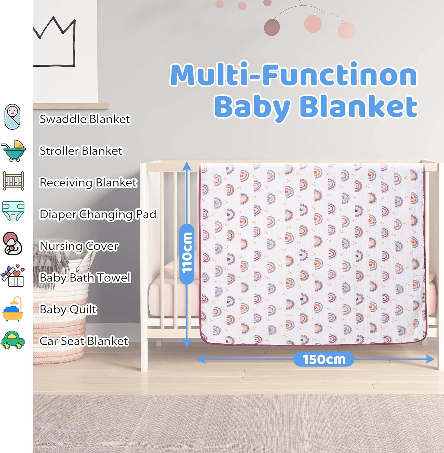 Thumbnail 1 de Miracle Baby Musselin Decke Sommer – Puck- und Krabbeldecke aus Baumwolle, 150 cm Länge