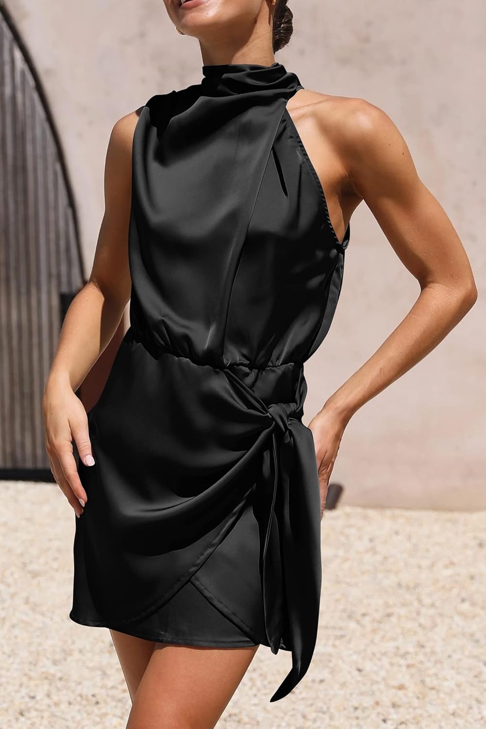 Thumbnail 3 de PRETTYGARDEN Women's Short Formal Satin Dress with Mock Neck and Tie Waist