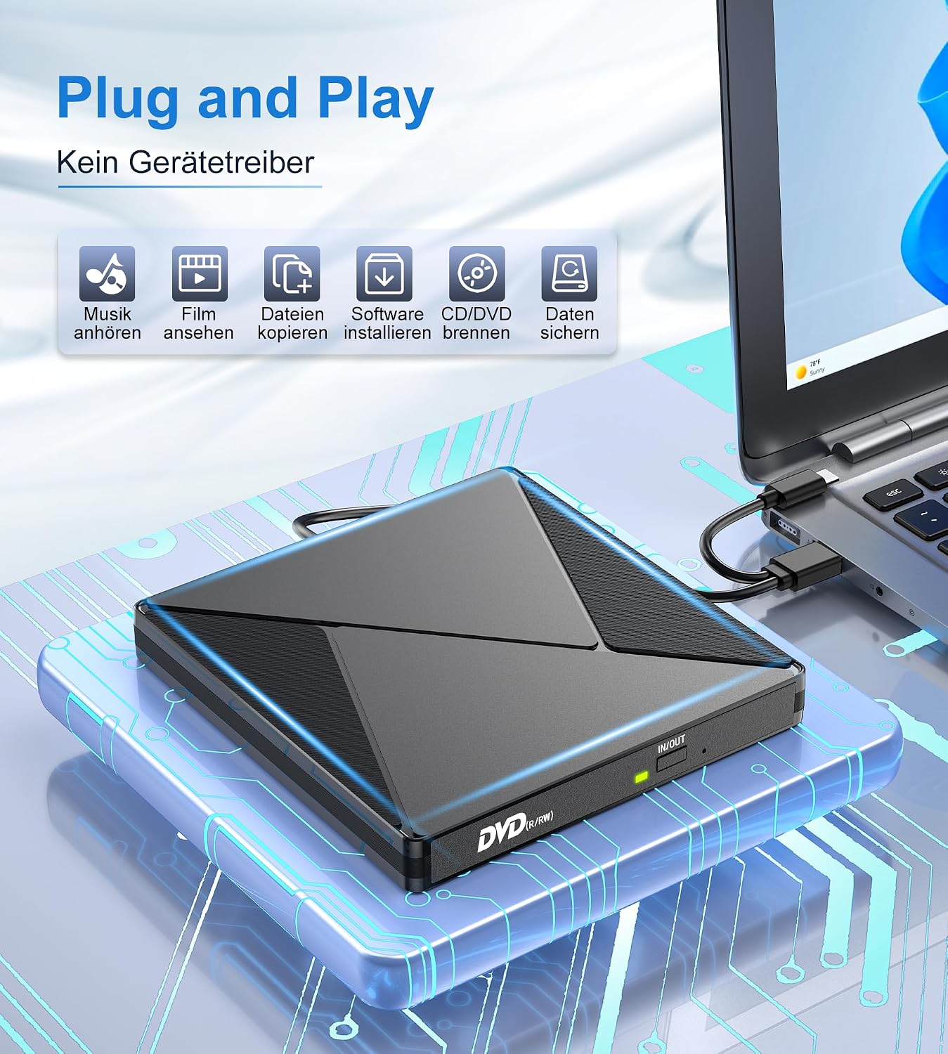 Thumbnail 3 de Umaniy Externes CD DVD Laufwerk USB‑3.0 & USB‑C 📀