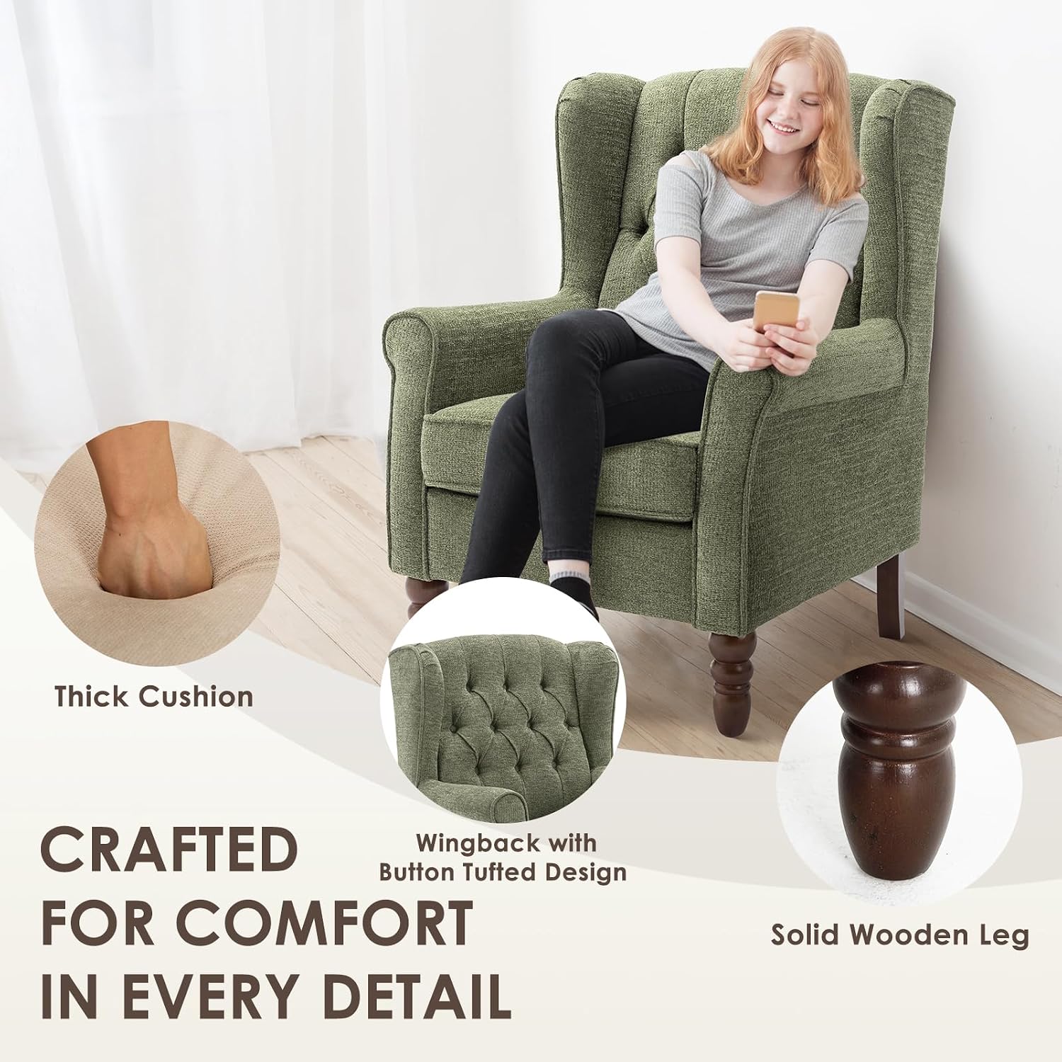Detalle de COLAMY W290 Mid-Century Modern Wingback Accent Chair, Green Fabric
