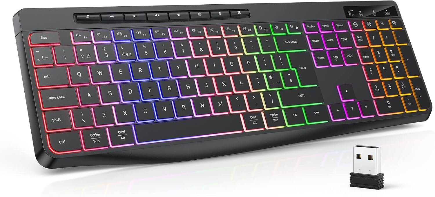 Detalle de TECURS Wireless Keyboard (UK QWERTY) 2.4G Gaming Keyboard with LED Backlight, Rechargeable Battery & Multimedia Keys
