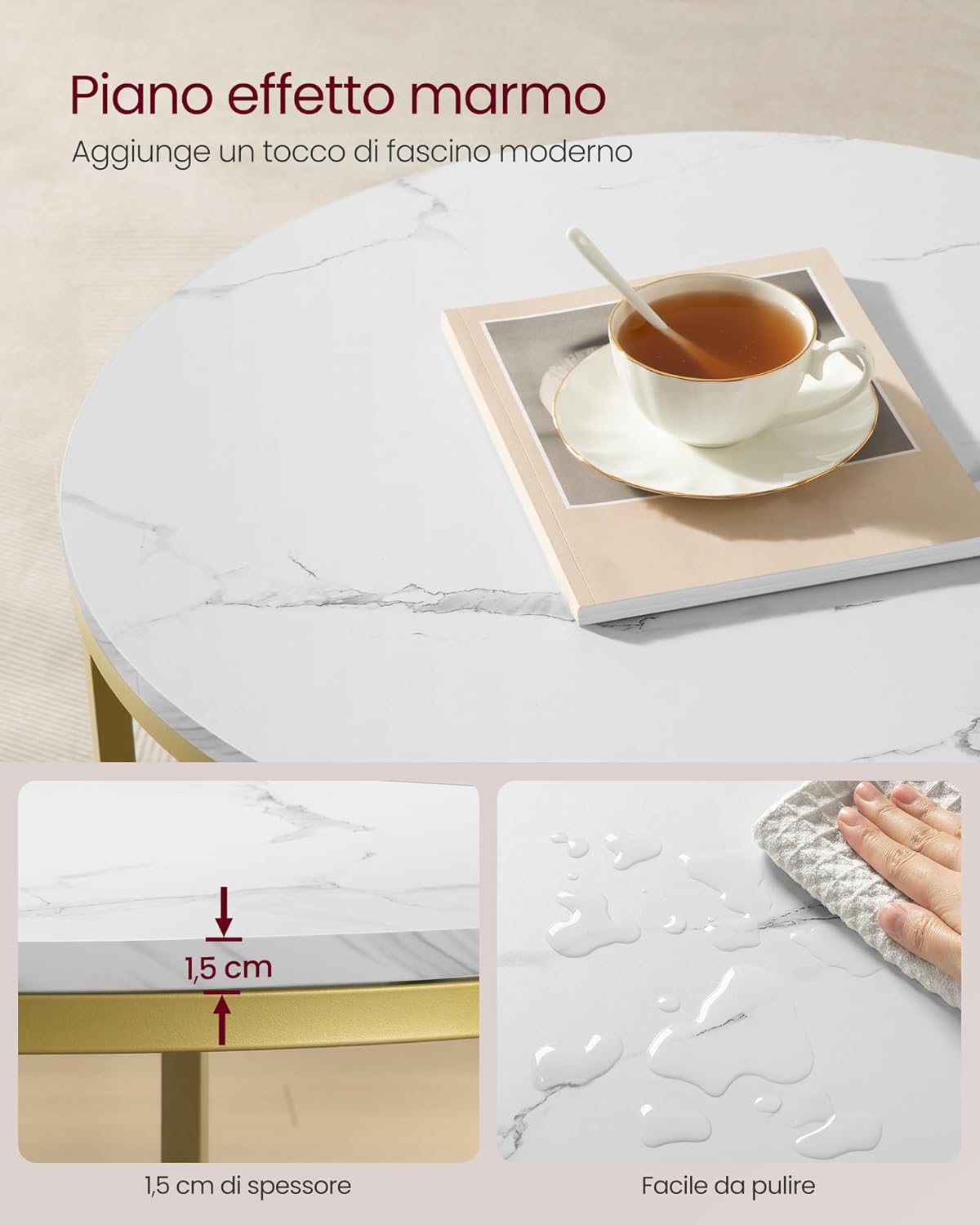 Detalle de VASAGLE Tavolino rotondo effetto marmo