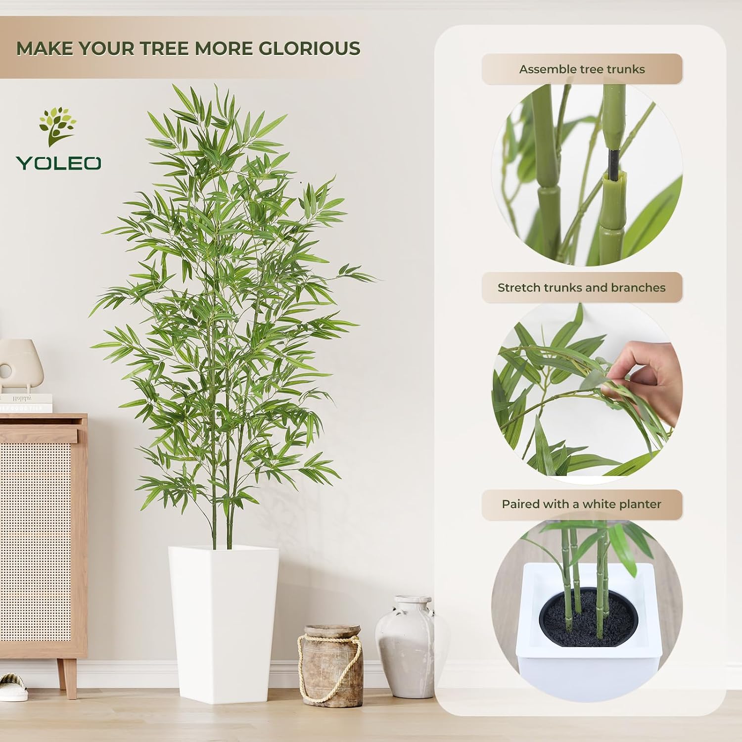 Detalle de YOLEO 6FT Artificial Bamboo Tree with White Tall Planter (180cm) – lifelike faux silk bamboo for indoor and balcony decor