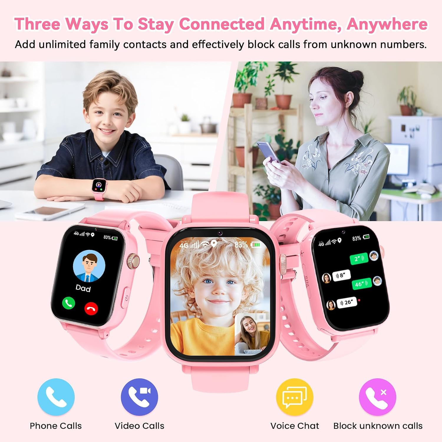 Detalle de 4G Kids Smart Watch Phone GPS with Video Calling, Class Mode, and SOS — Pink