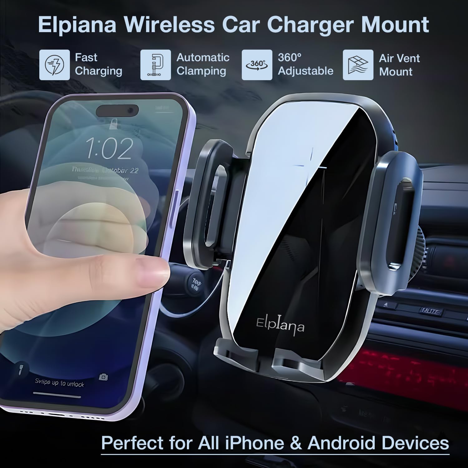 Detalle de Wireless Car Charger Dashboard & Air Vent Auto-Clamping Phone Holder with 360° Adjustable Angle for iPhone and Galaxy