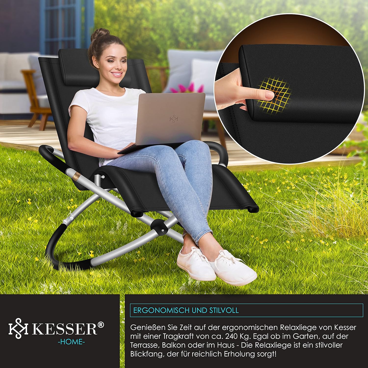 Thumbnail 3 de KESSER® Relaxliege Liegestuhl – ergonomische, klappbare Gartenliege mit wetterfestem Design (bis 180 kg) in Schwarz