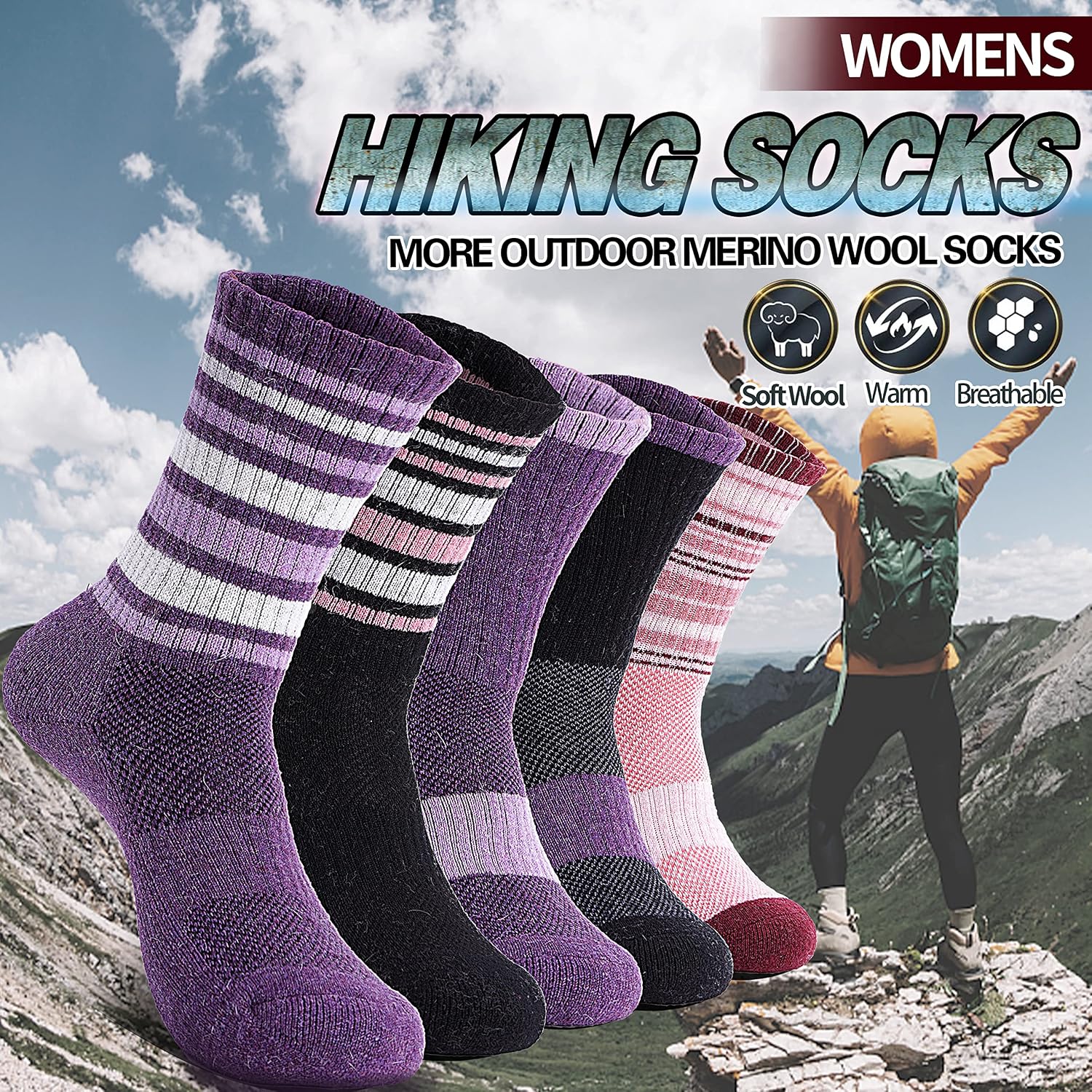 Detalle 2 de Anlisim Merino Wool Crew Socks for Women, Hiking, Running, 5 Pairs