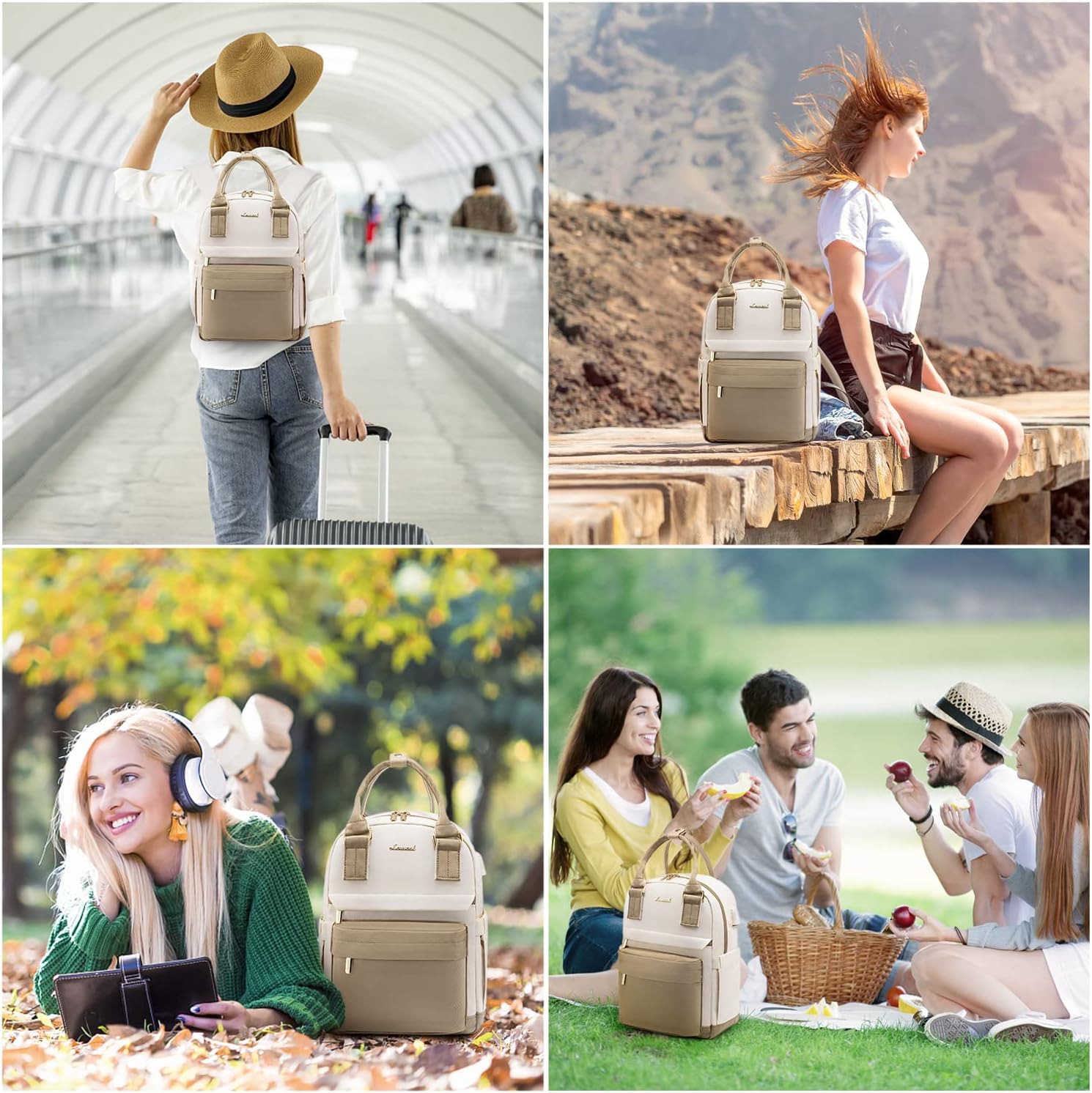 Thumbnail 6 de LOVEVOOK Petit Sac à Dos Femme – Mini Sac à Dos Étanche et Antivol, USB Charge Portable, kaki/beige