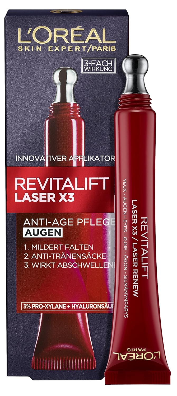 Detalle de L’Oréal Paris Revitalift Laser X3 Augenpflege mit 3-fach Wirkung – Anti-Aging Augencreme (Hyaluronsäure, 3% Pro-Xylan), 15 ml (Packung mit 2)