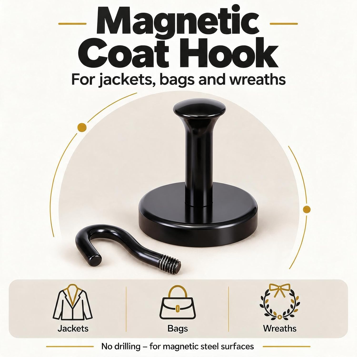 Thumbnail 1 de Neosmuk NMWH36x2US202504Black Magnetic Hooks, 170 lb, Black, 2-Pack