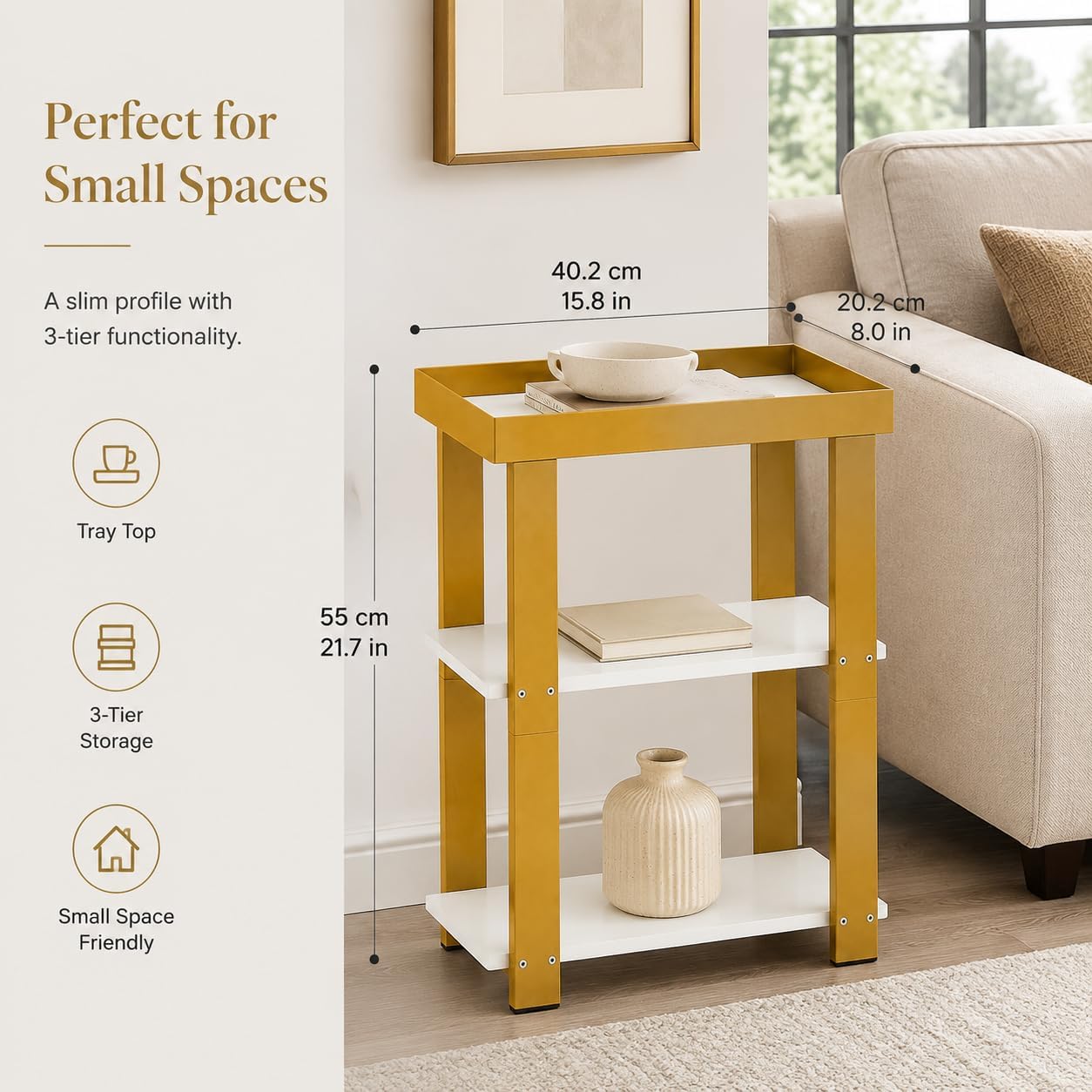 Thumbnail 2 de Modern 3-Tier Gold Side Table with White Tray Top Shelves – Slim, Multifuntional Nook Table for Small Spaces