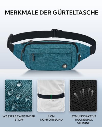 Detalle 2 de WATERFLY Bauchtasche Damen/Herren – Sportliche Gürteltasche Klein mit 4 Innentaschen, verstellbar 40–125 cm
