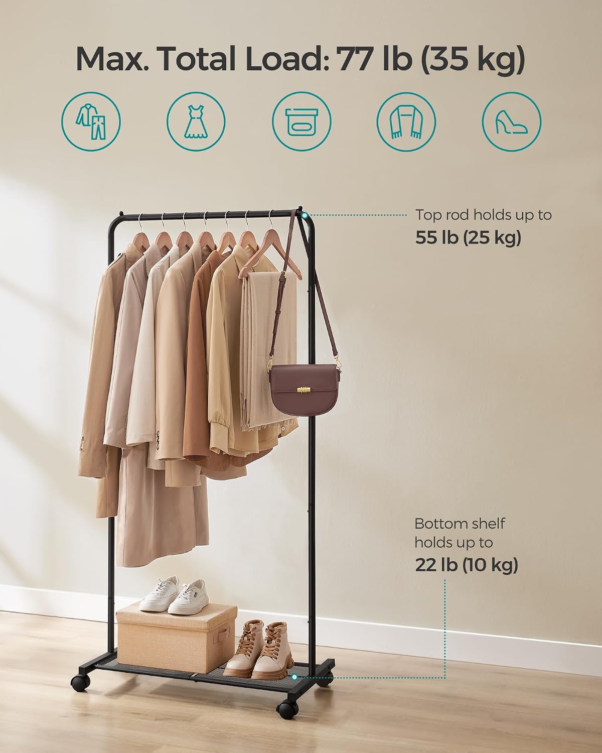 Detalle de SONGMICS HSR130B01 Clothes Rack with Wheels (74 cm) with Mesh Storage Shelf and 2 Brakes