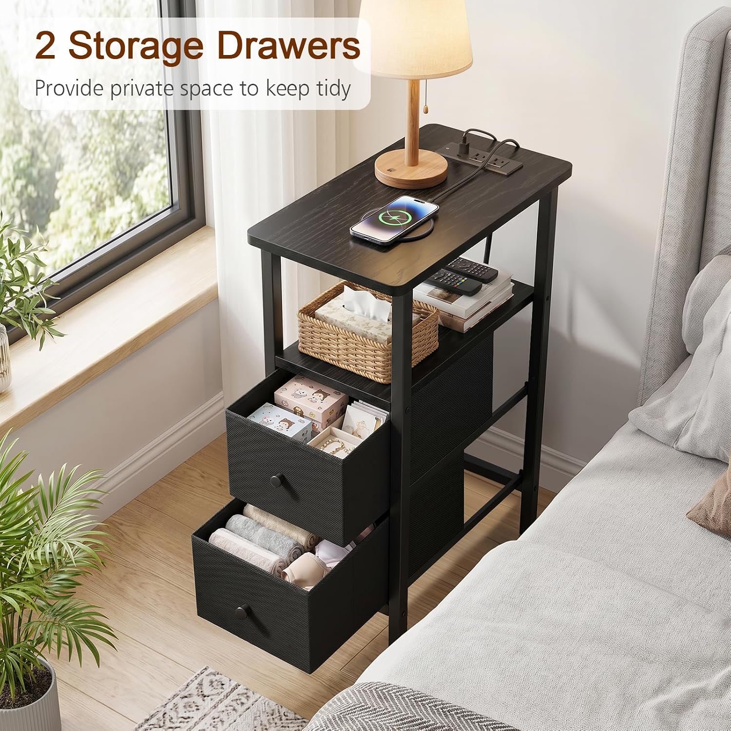 Thumbnail 5 de LOAKEKEL Narrow End Table with 2 Fabric Drawers