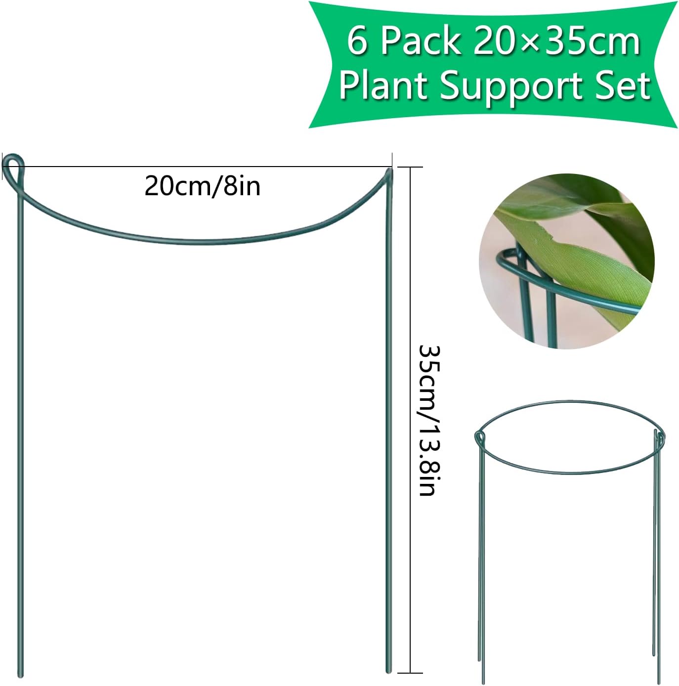 Thumbnail 1 de JIALWEN 6 Pack 20×35cm Plant Support Stakes Ring Cages – Green Metal Garden Plant Supports