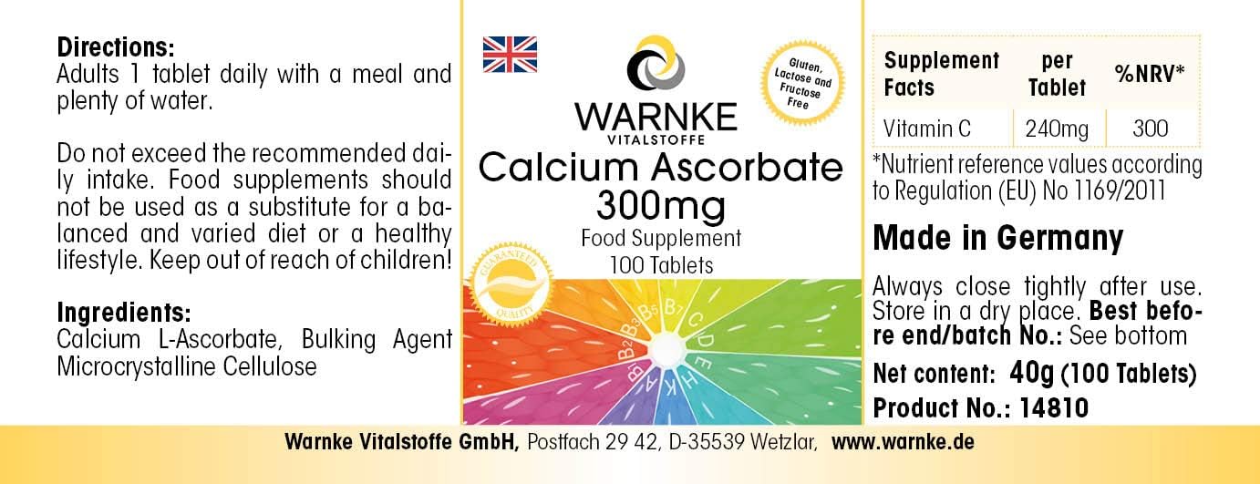 Thumbnail 2 de Warnke Vitalstoffe Ascorbato de Calcio 300 mg Vegana 100 comprimidos 🍊