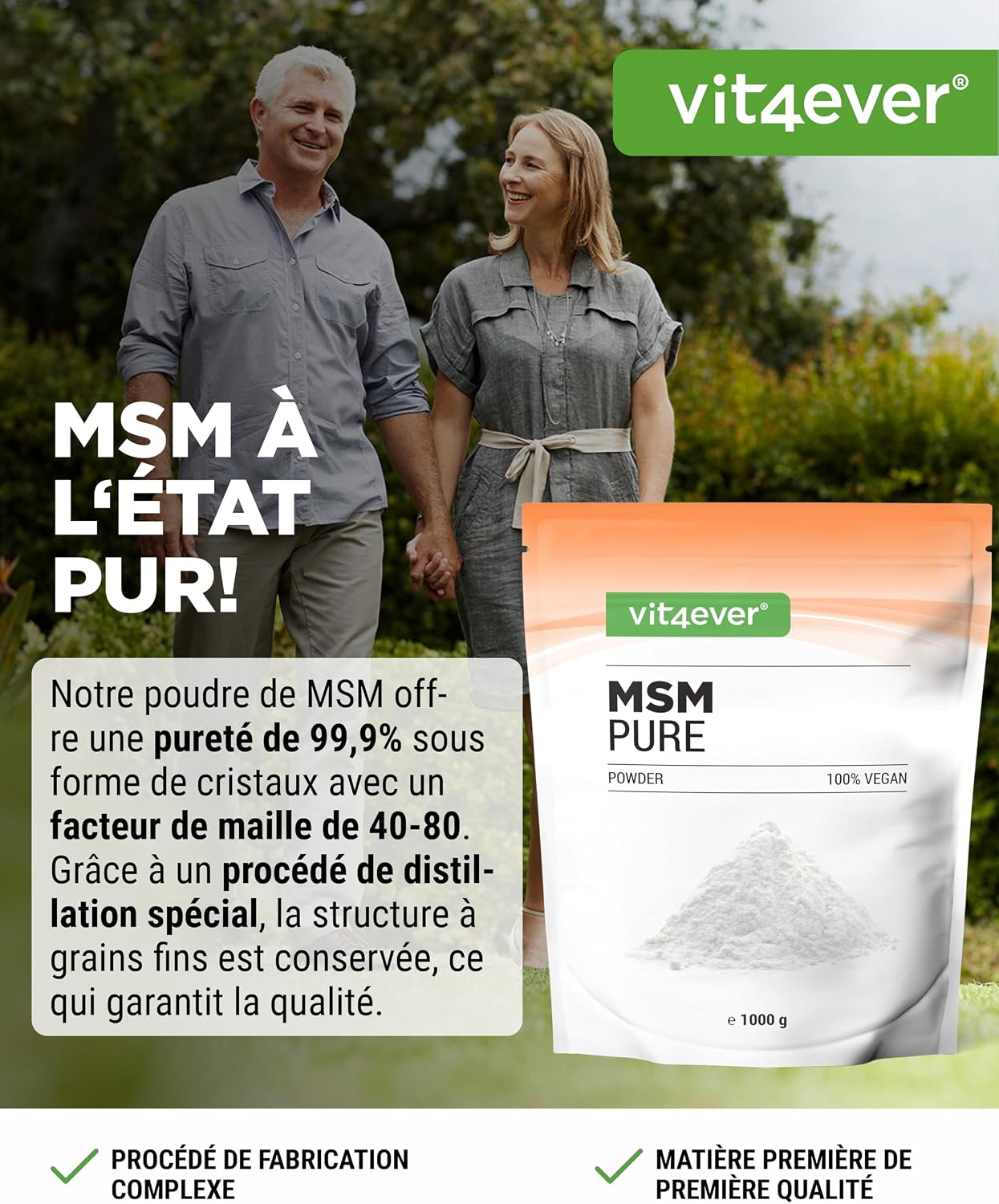 Thumbnail 1 de Vit4ever Poudre de MSM 99,9% (1 kg) – méthylsulfonylméthane cristallin, maille 40–80