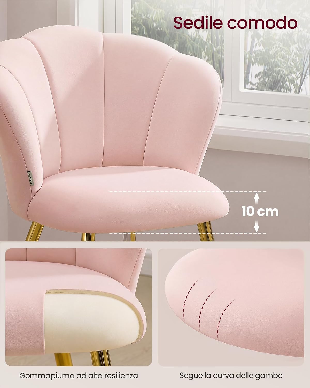 Detalle de VASAGLE Sedia da Pranzo Cucina KDC099S101: seduta imbottita in velluto rosa con schienale a forma di petali