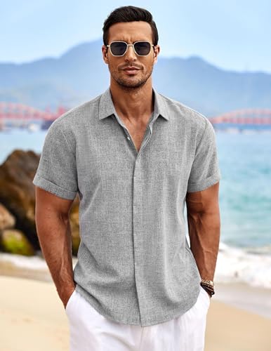 Detalle de COOFANDY Mens Hawaiian Shirt Short Sleeve Striped Button Down Beach Shirt in Grey (Size L)