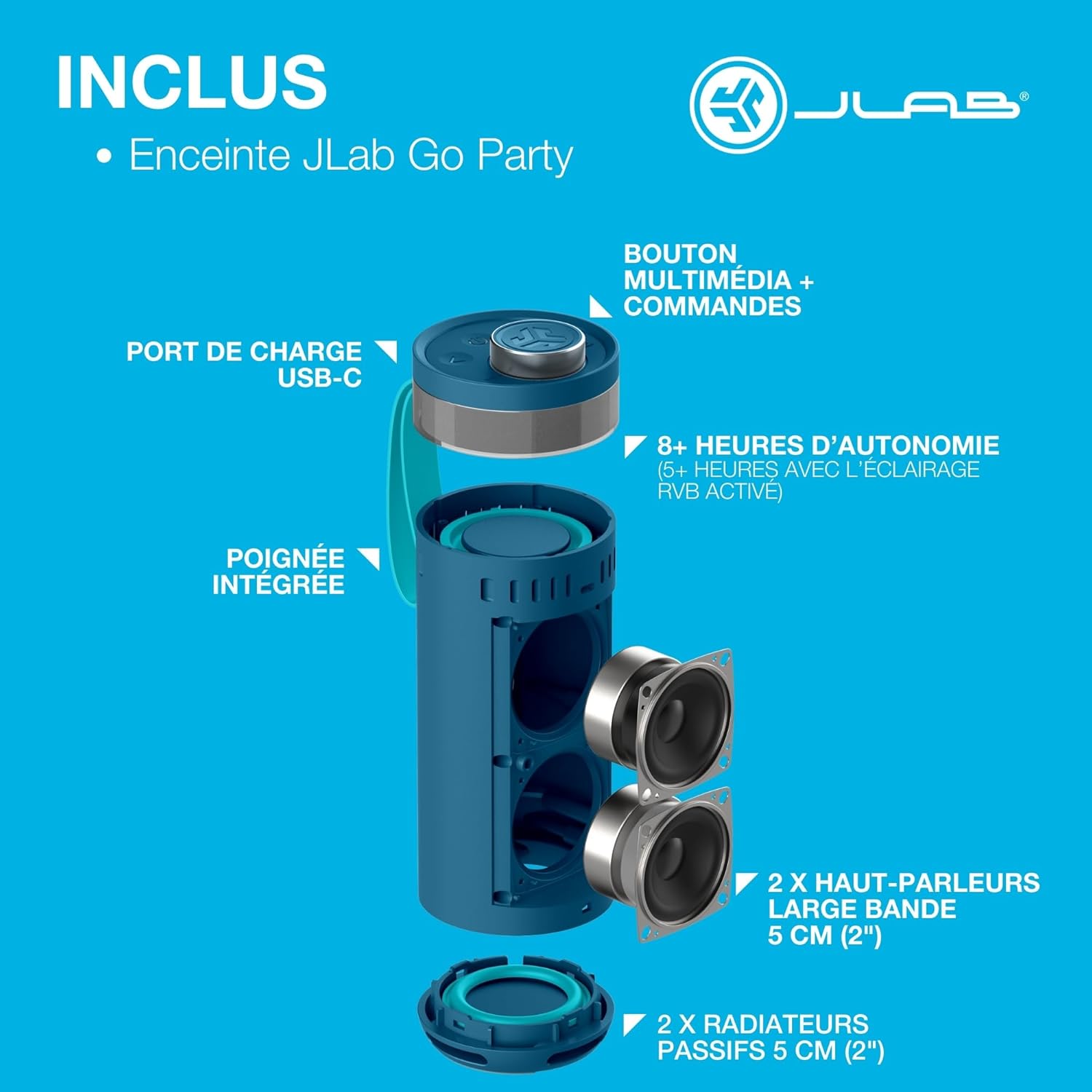 Thumbnail 6 de JLab Go Party enceinte Bluetooth portable 10W avec autonomie jusqu’à 16+ h et lumières RGB (IP56) – Bleu marine