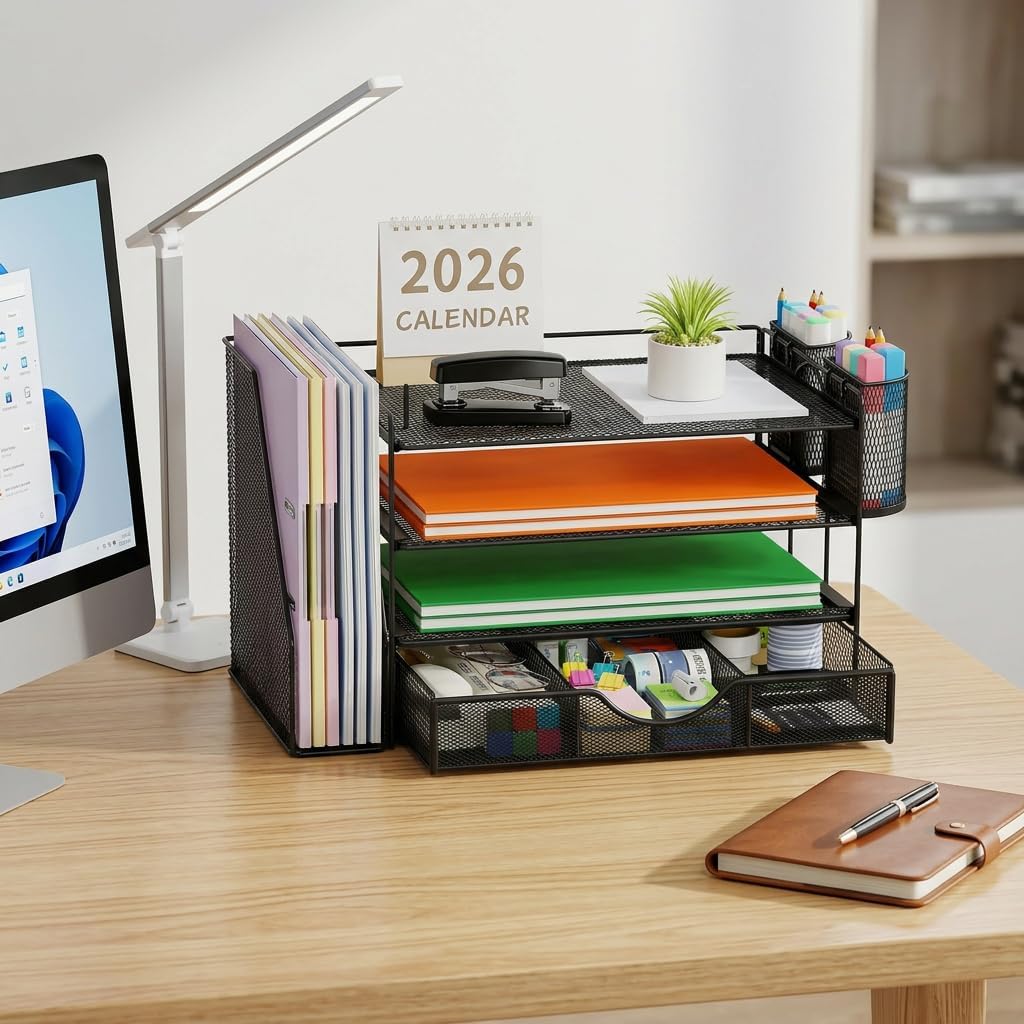 Detalle de Quhombo Desk Organiser with File Holder – 4-Tier Mesh Office Storage (Black)