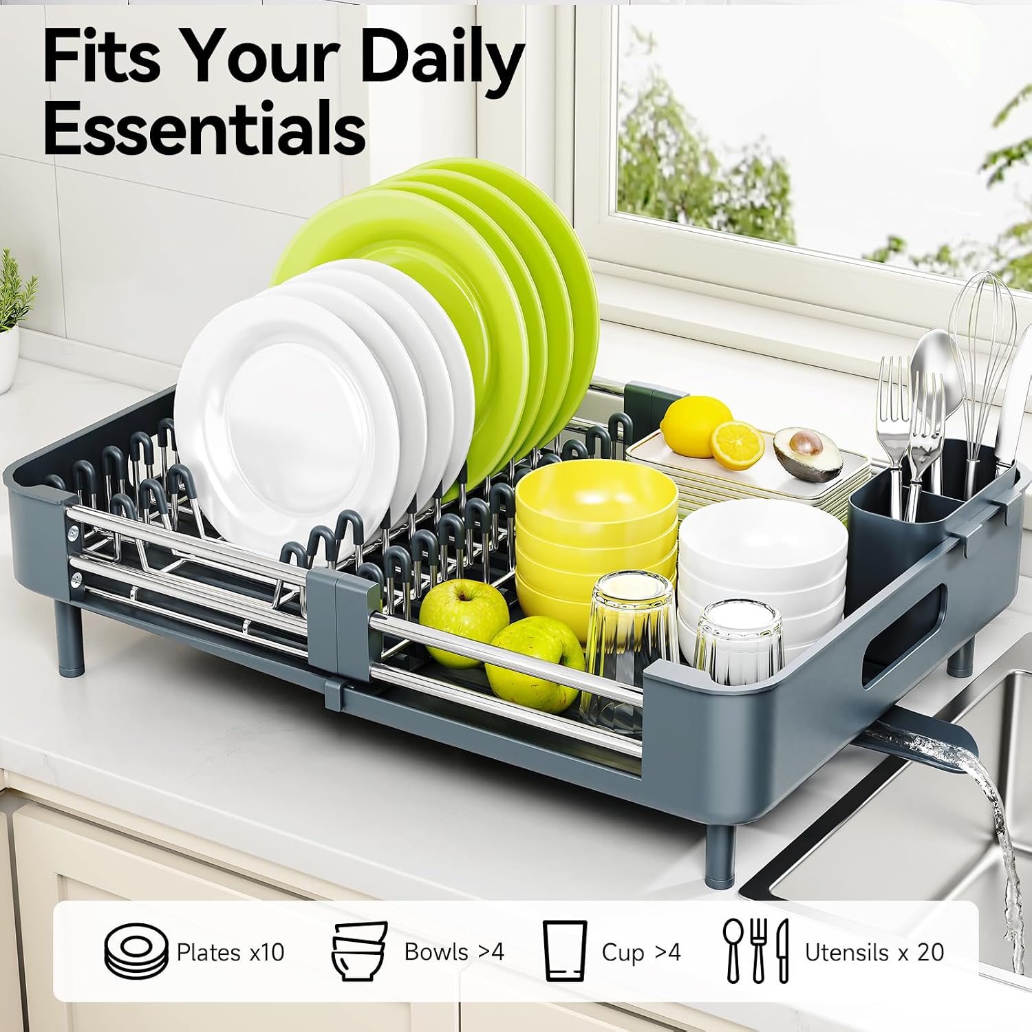 Thumbnail 2 de Urackify Extendable Stainless Steel Dish Rack with Swivel Spout, Dark Slate Gray