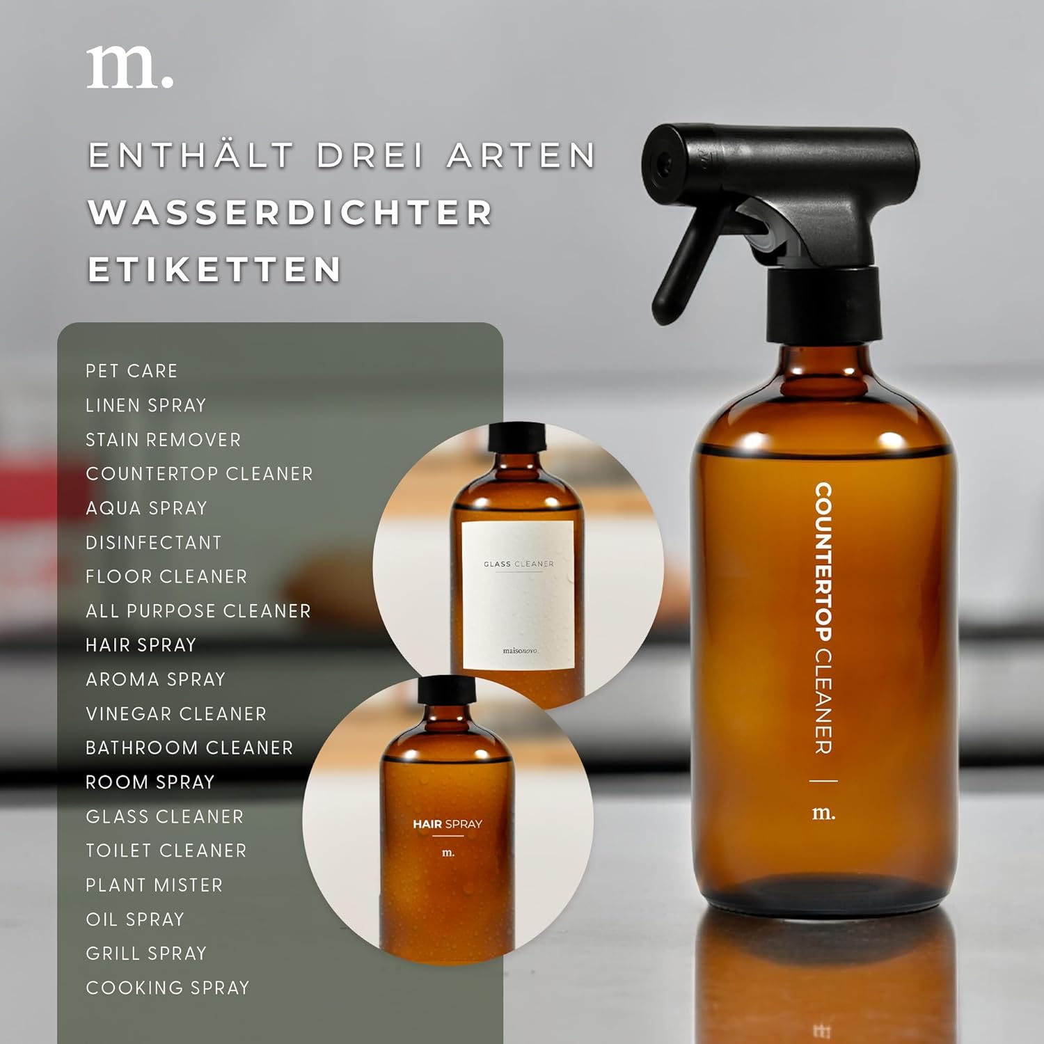 Thumbnail 5 de MAISONOVO MaisoNovo Glas-Wasser-Sprühflasche 500 ml im 2er-Set (Bernstein) inkl. 16 Etiketten