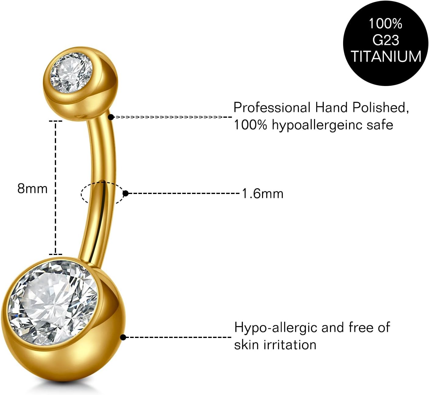 Detalle de CIZME G23 Titanium 12mm Belly Bar with Double Gem – Hypoallergenic 14G Navel Ring