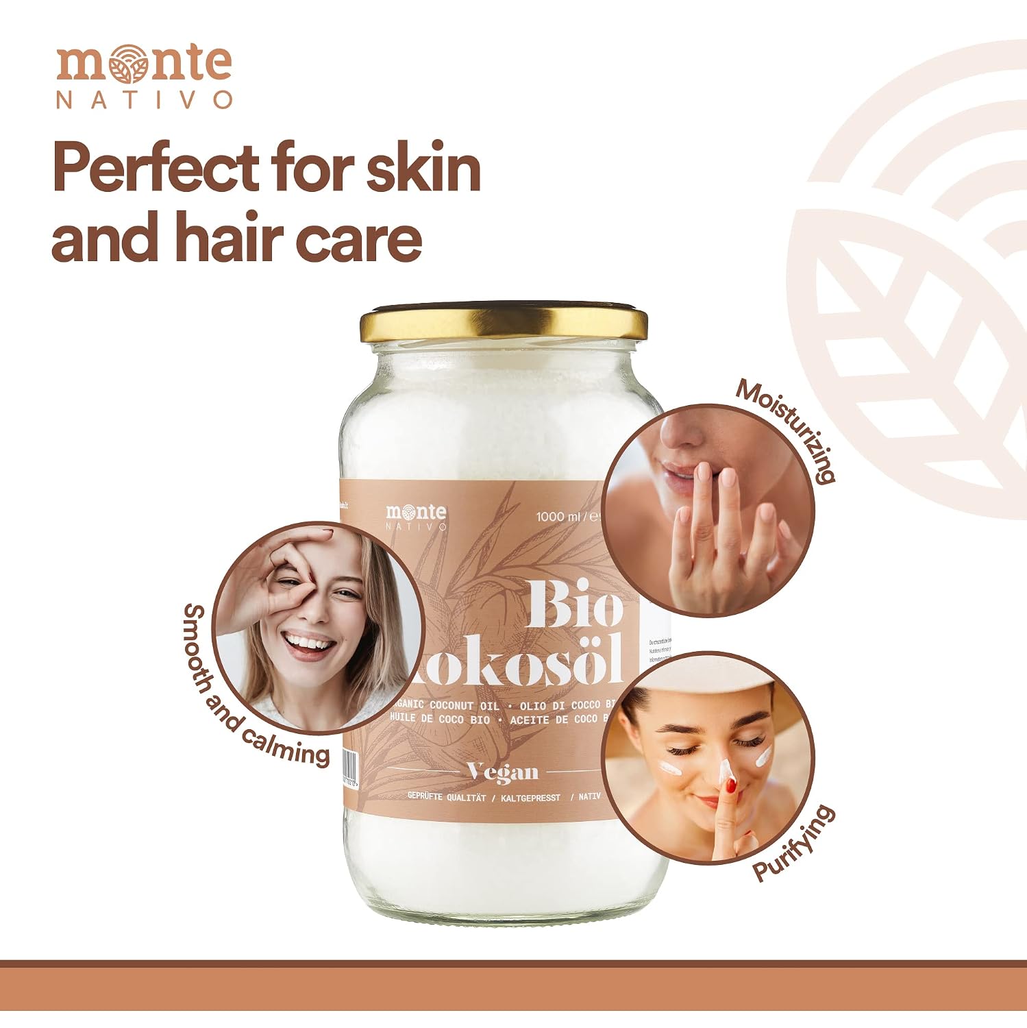 Detalle de MonteNativo Bio Kokosöl – 3 x 1000 ml: kaltgepresst, roh & naturrein