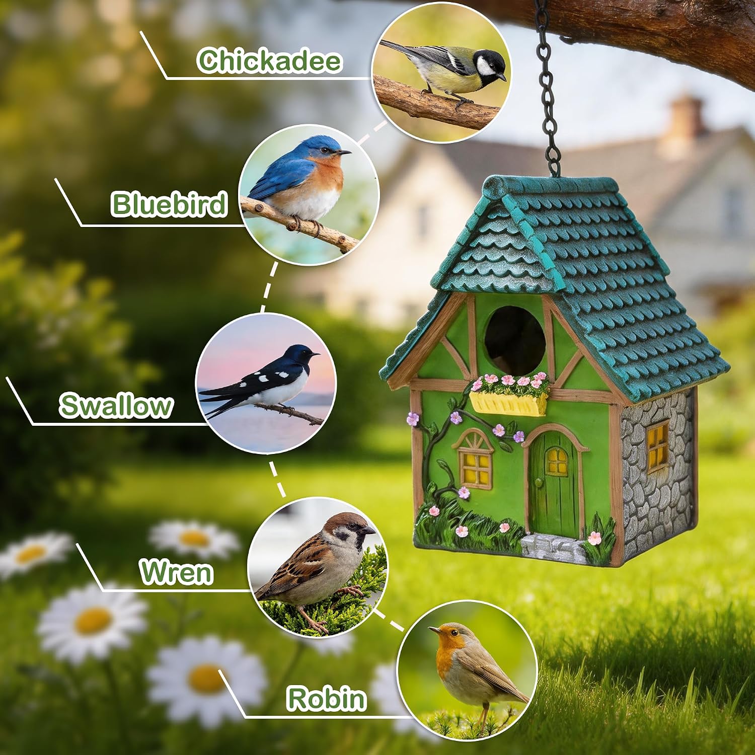 Detalle de Attivolife Outdoor Bird House: Waterproof Resin Cottage for Garden, Bluebird to Finches