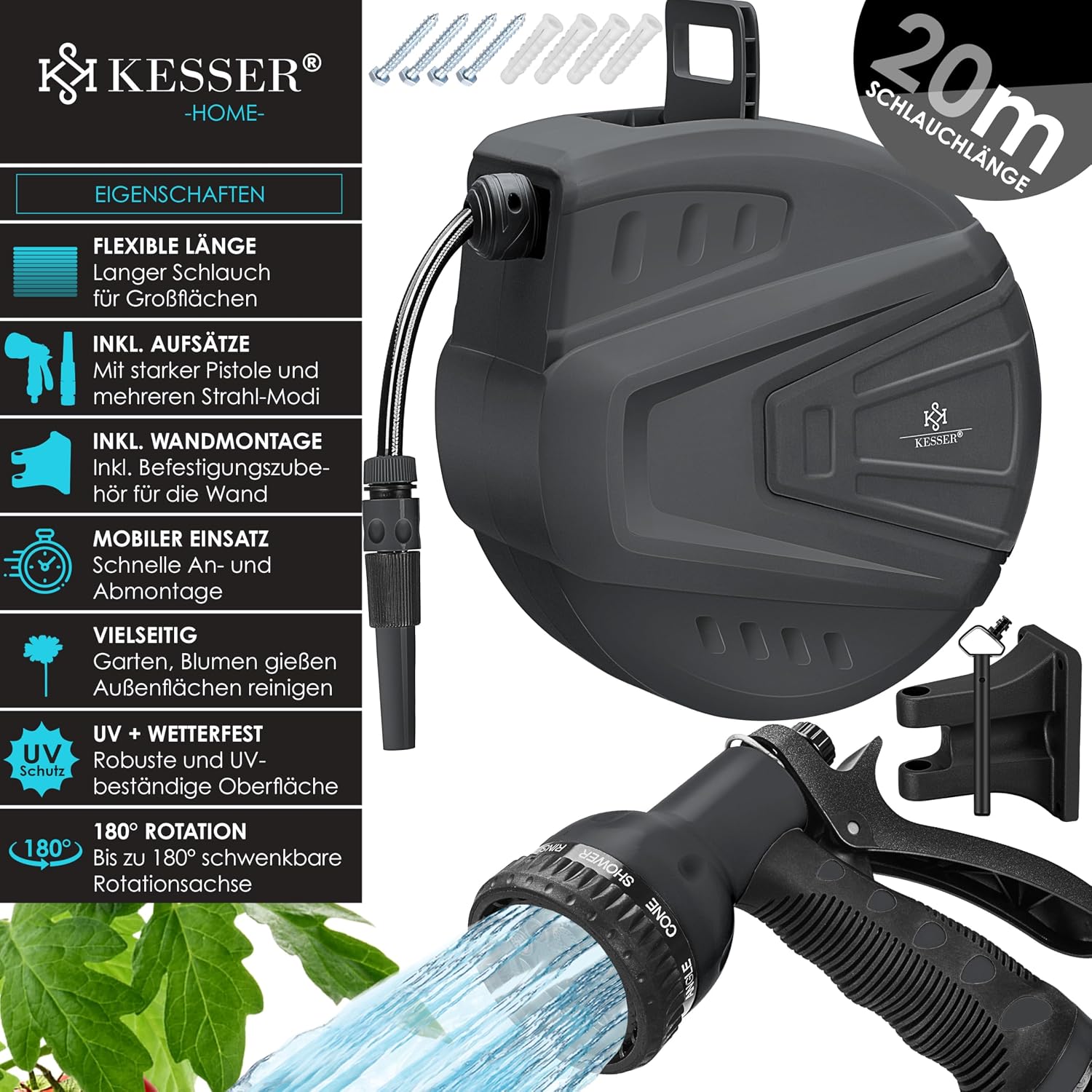 Detalle 2 de KESSER® automatische Schlauchtrommel 20 m inkl. Multi-Handbrause (9 Modi), 180° schwenkbar – Wand-Schlauchbox in Anthrazit