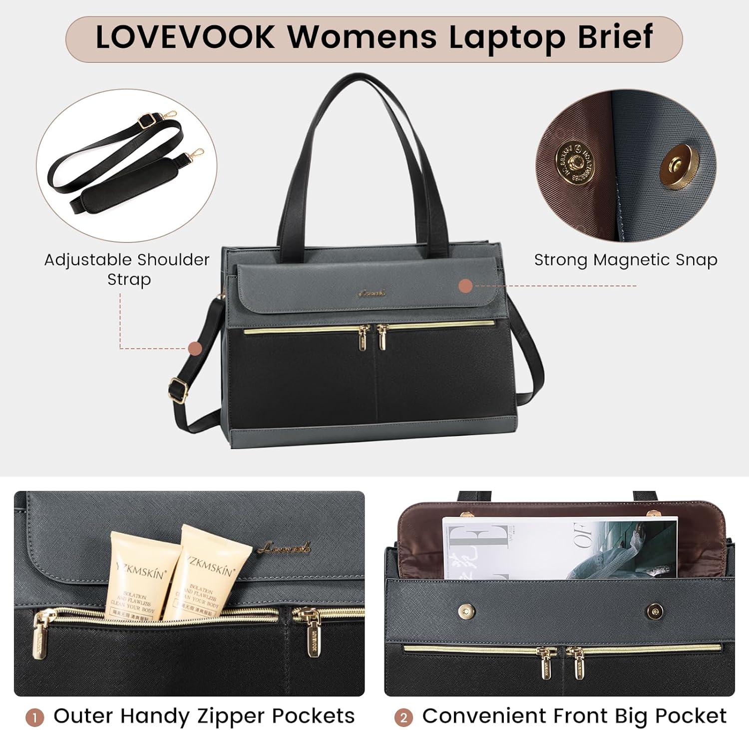 Thumbnail 4 de LOVEVOOK Sac Cabas Femme: Grand Sac à Main PU Imperméable pour Laptop 15,6" (Gris)