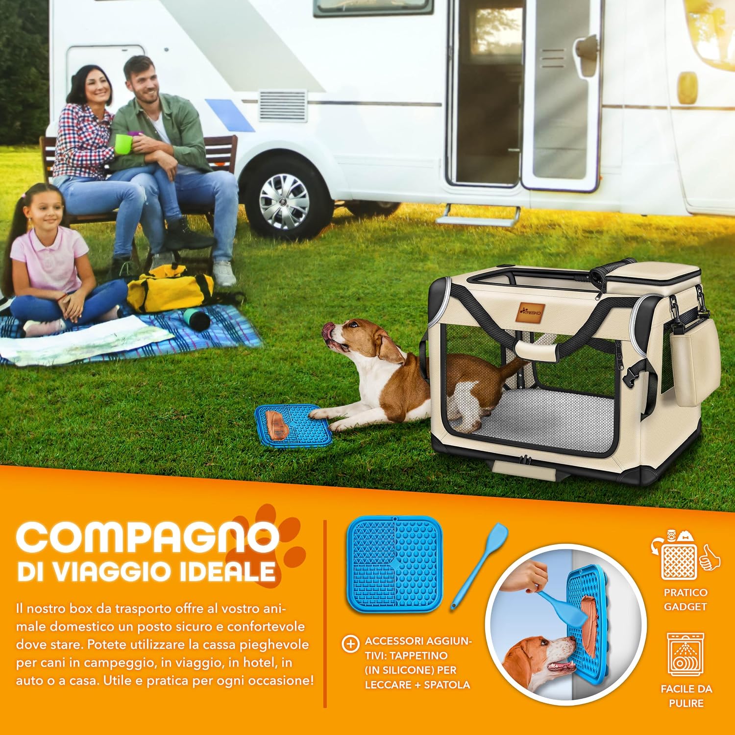 Thumbnail 6 de TRESKO Box per cani pieghevole con tappetino per mangiare e spatola, trasportino robusto beige (M)