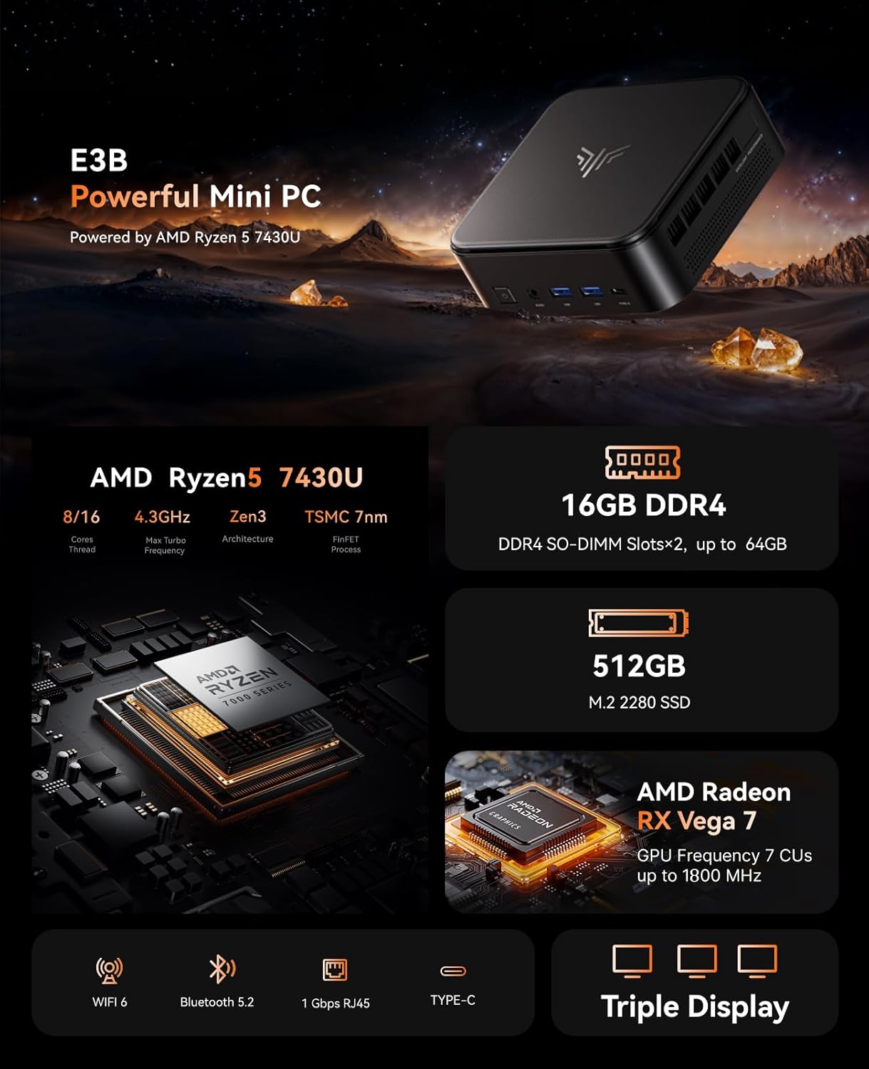 Detalle de NiPoGi E3B Mini PC – Ryzen 5 7430U, 16 GB RAM, 512 GB SSD, Radeon Vega 7