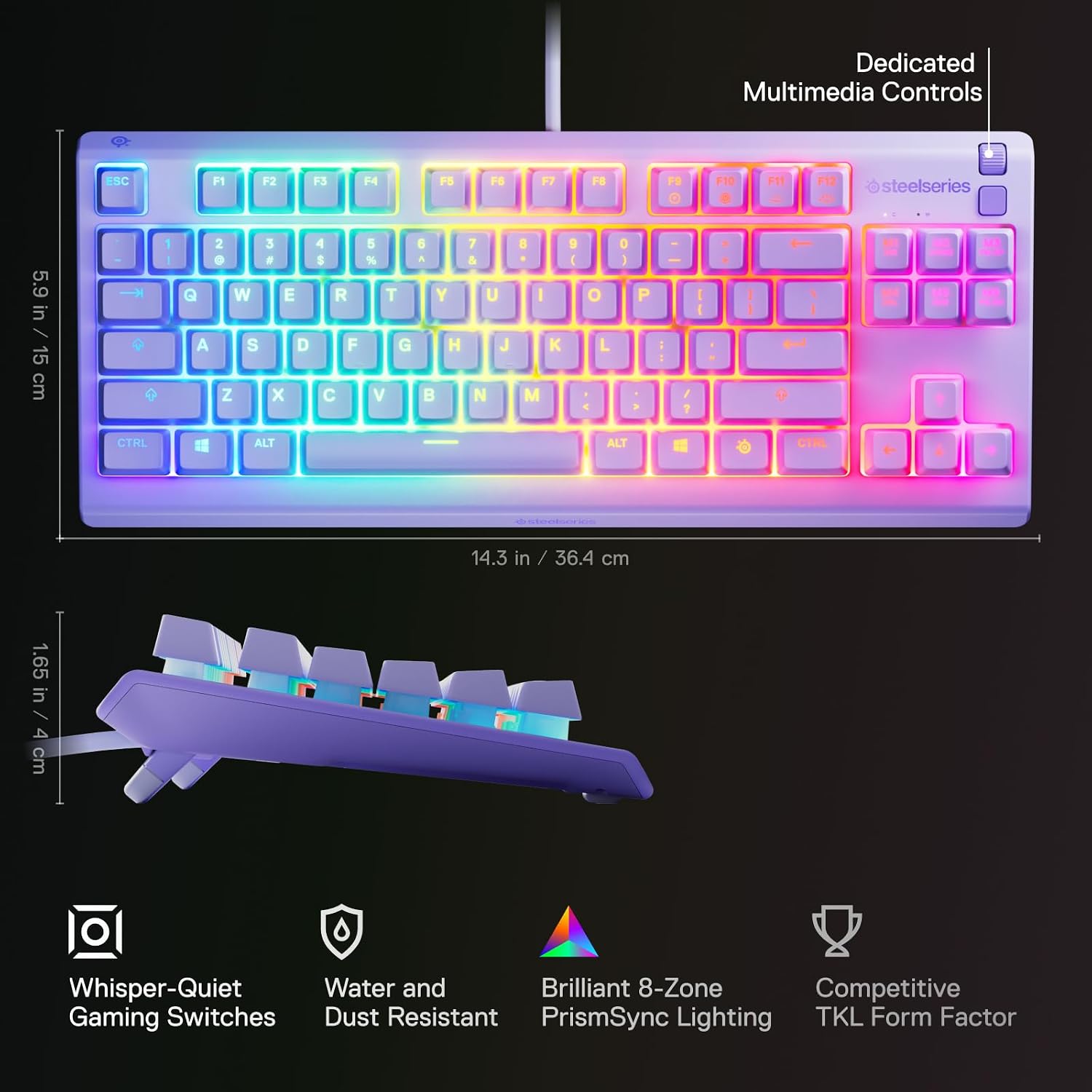 Detalle de SteelSeries Apex 3 TKL gaming keyboard (Silent) with 8-zone RGB, IP32 protection and American QWERTY, Lavender