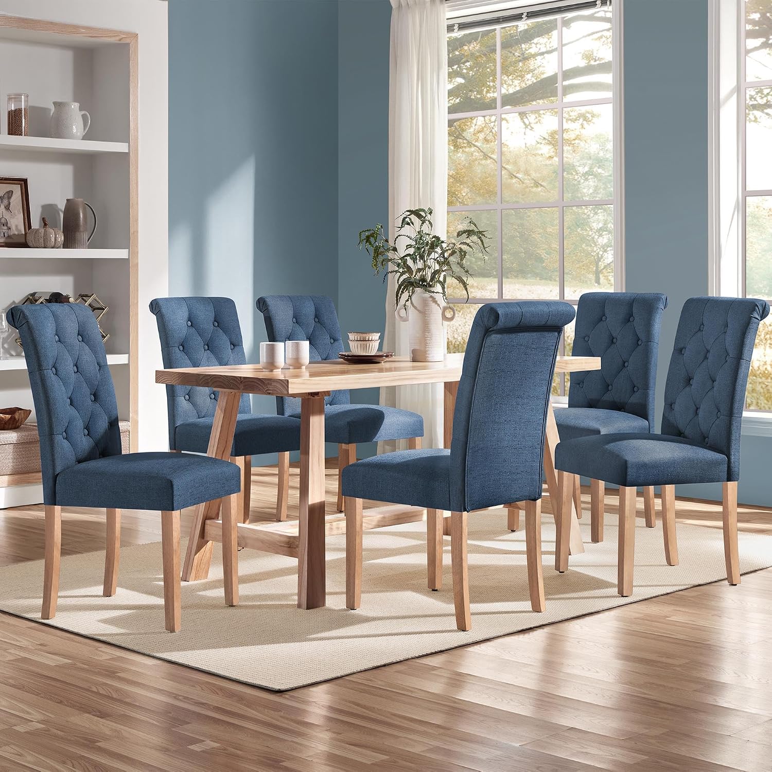Detalle 2 de Yaheetech Set 4 Sedie Imbottite Blu con Schienale Alto, Gambe in Legno – Eleganza e Comfort per Sala da Pranzo