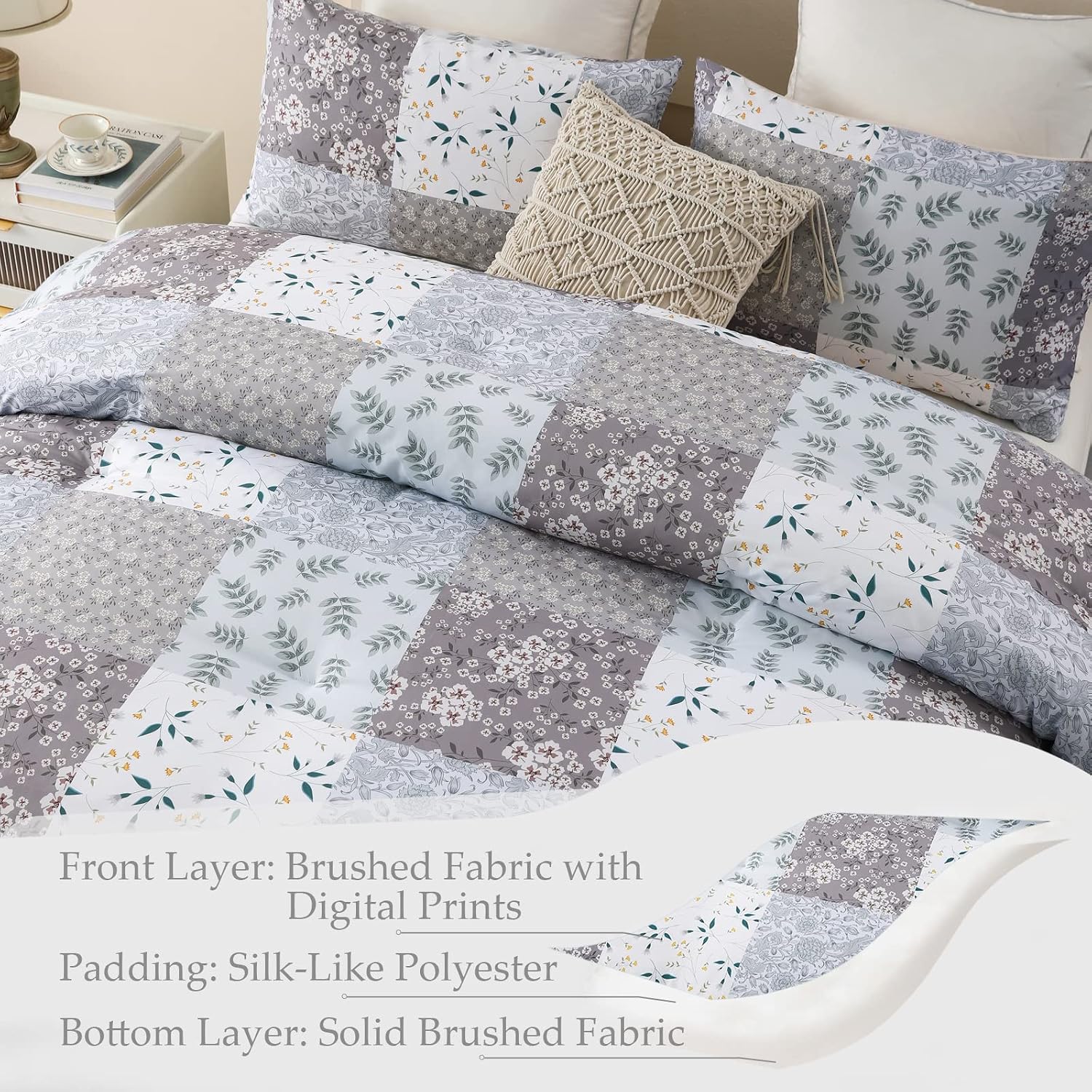 Thumbnail 6 de Whale Flotilla Double Size Coverless Duvet Set 7.5 Tog, Patchwork Floral – 200×200cm, Grey