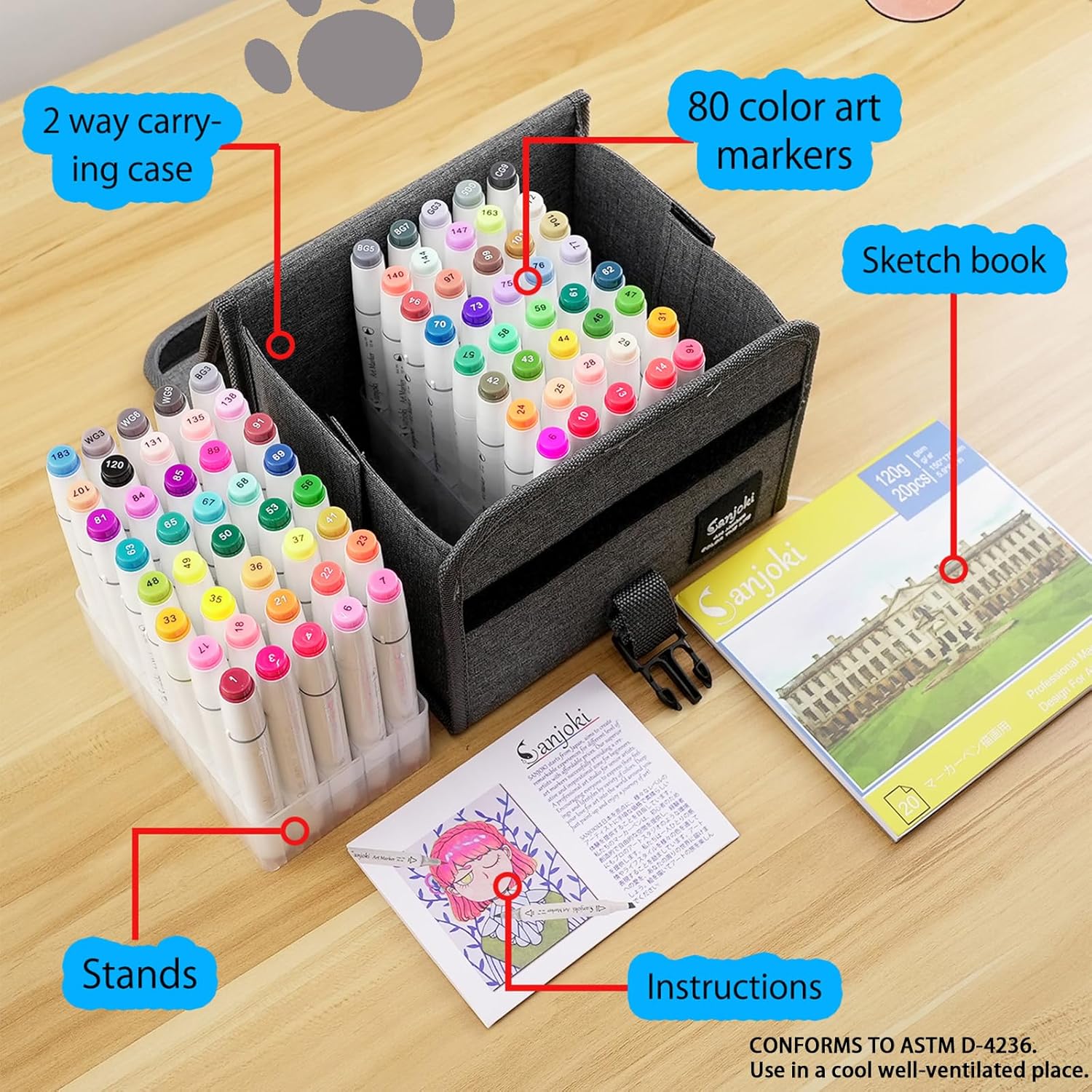 Thumbnail 2 de SANJOKI 80 Colors Alcohol Brush Markers – Dual Tip, Carry Case & Sketchbook