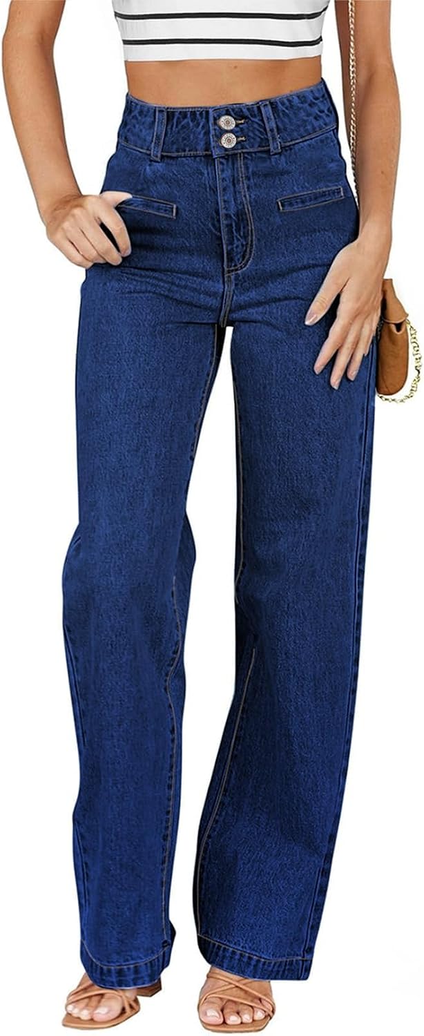 Detalle de SIDEFEEL Women's High-Waisted Jeans, Soft Stretch Denim, Dual-Button Closure