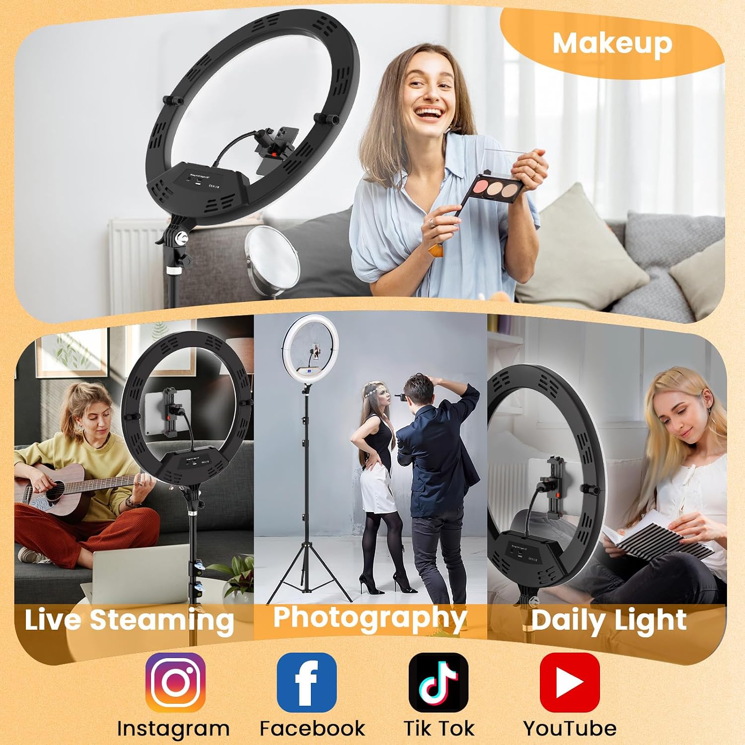 Thumbnail 5 de Auriani 22-Inch Foldable Ring Light with Stand, 75-Inch Tripod, Lockable Wheels, and LED Display