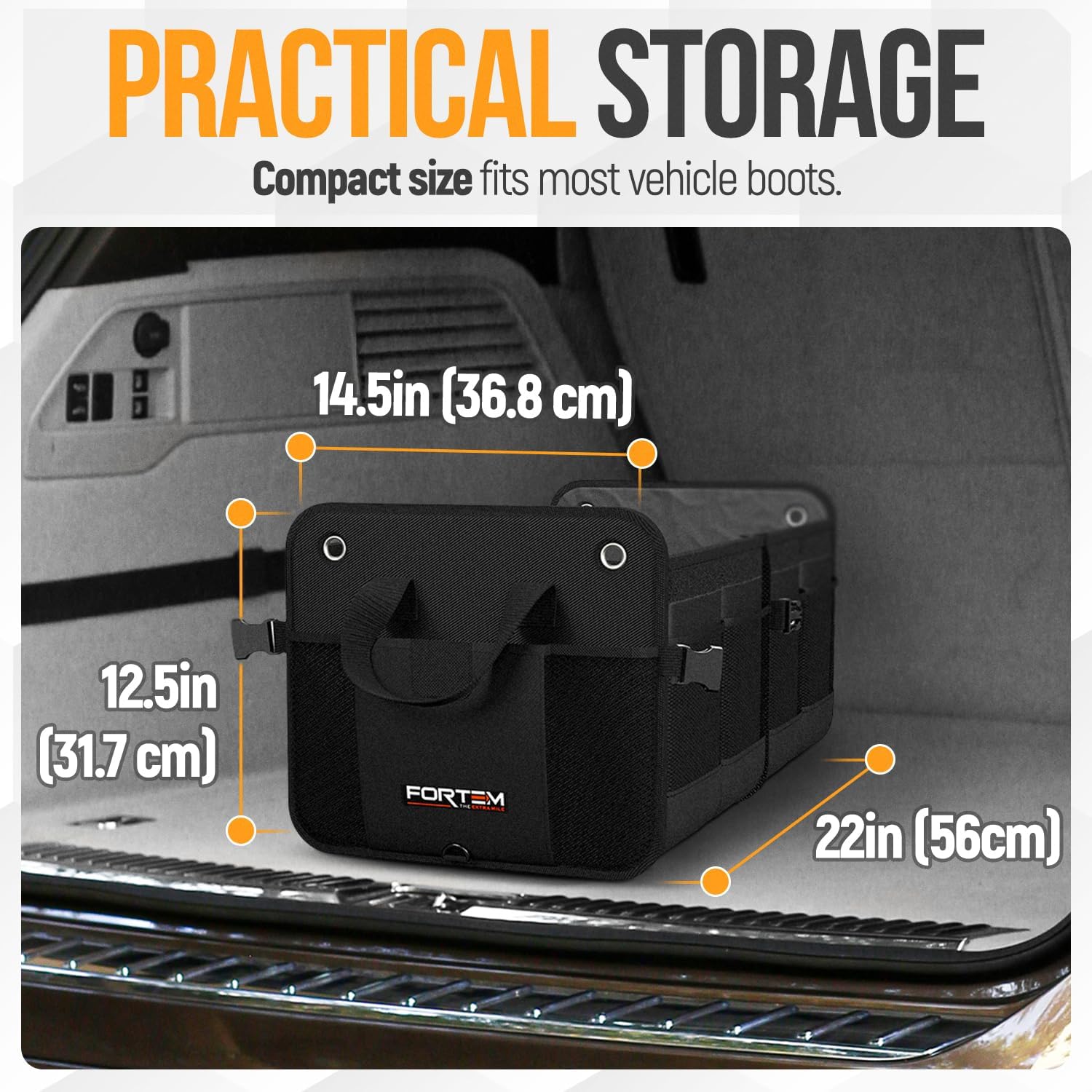 Detalle de FORTEM Car Boot Organiser (65L) – Collapsible SUV trunk storage with non-slip base and adjustable straps