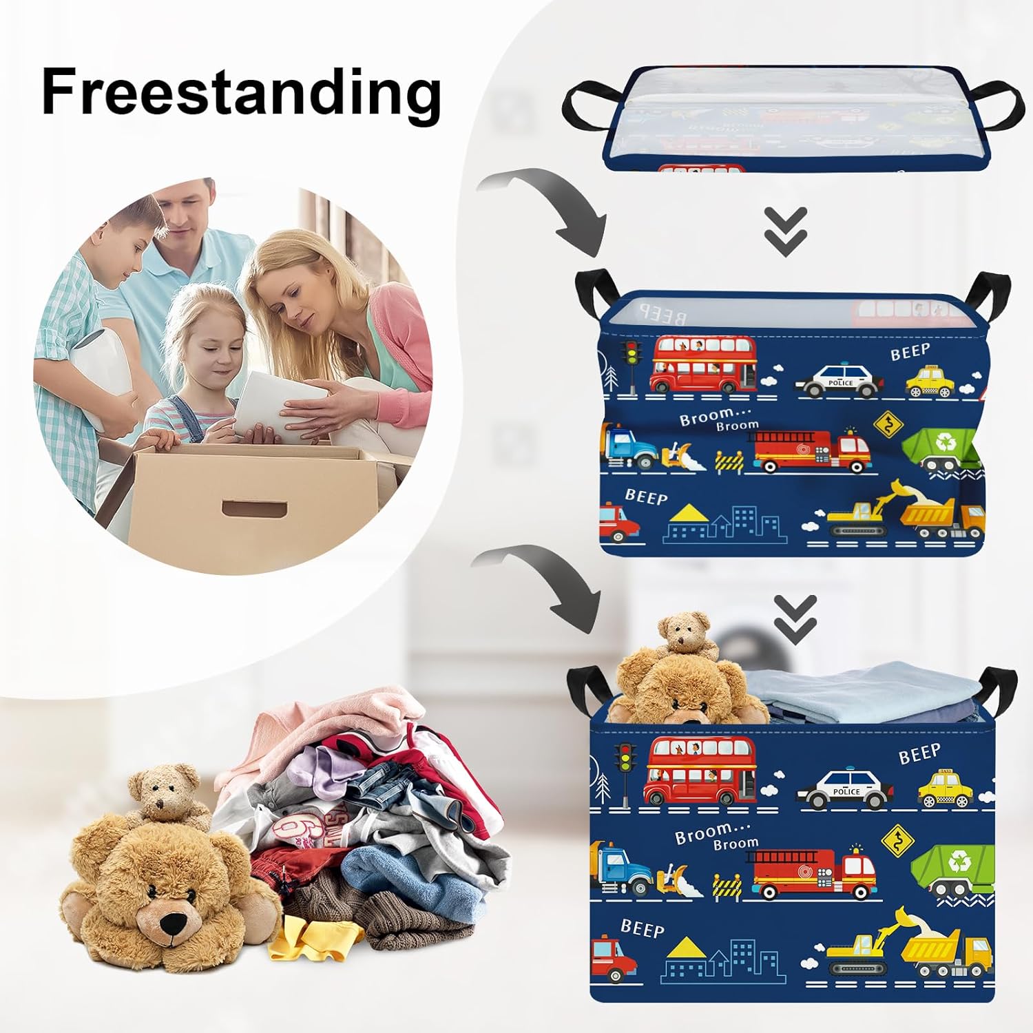 Detalle de HUUMONSS Cartoon Cars Storage Basket – 36L large toy box for kids’ toys, clothes and laundry