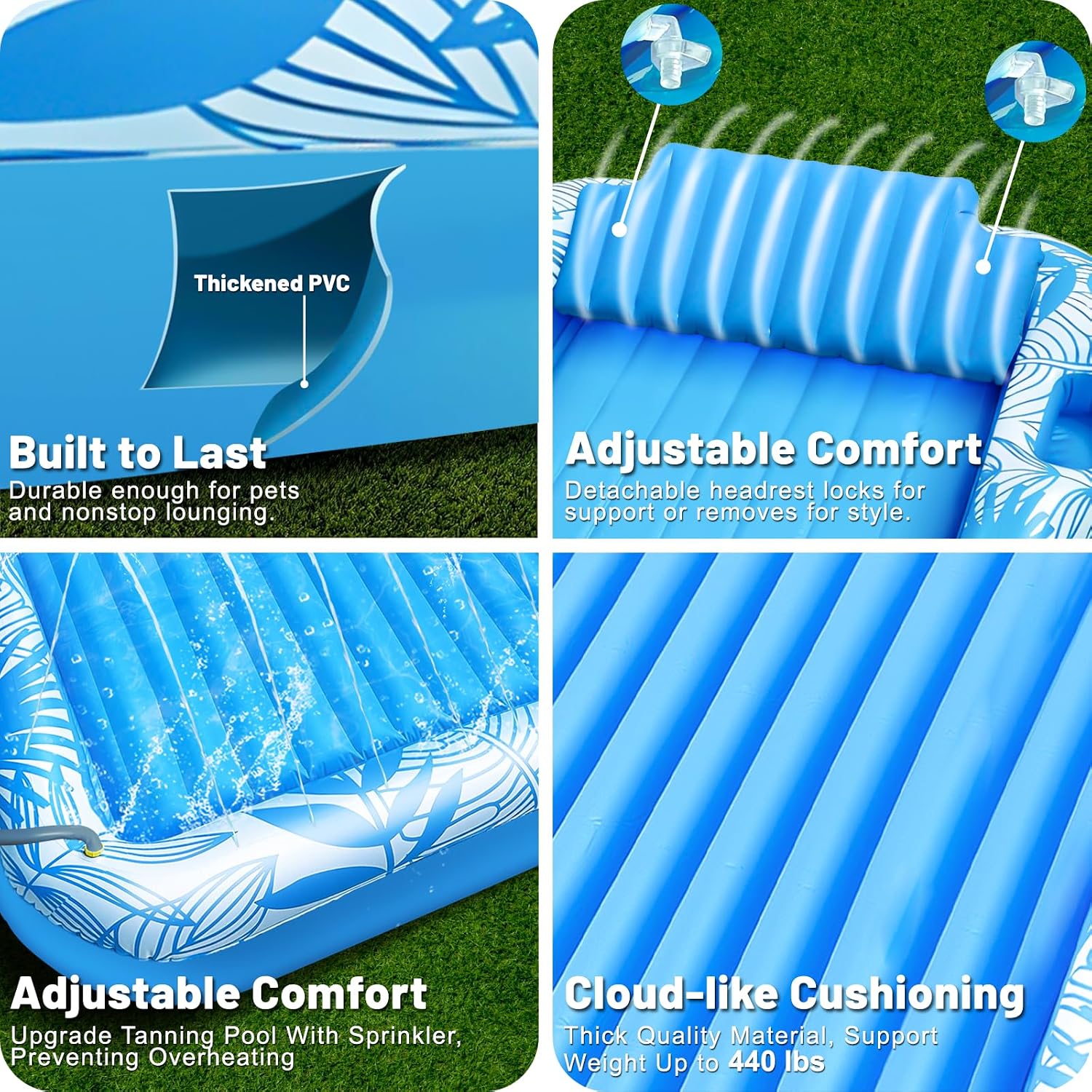 Detalle de TURNMEON Inflatable Tanning Pool Lounger Float with Sprinkler (78"x50") — Pink/Blue, 2-Person Beach & Pool Float with Cup & Food Tray