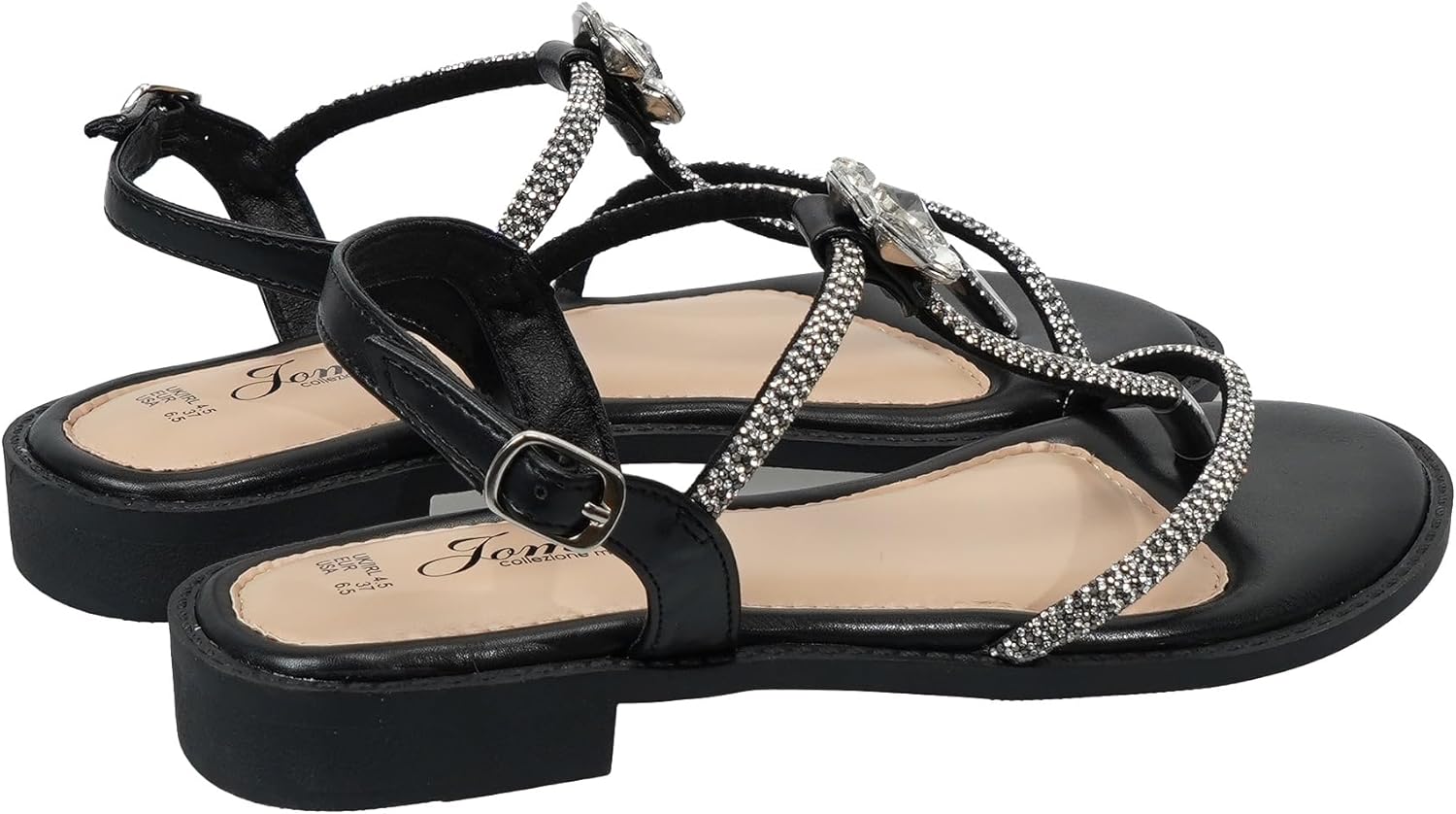 Detalle de JOMIX Sandali Donna Piatti con Strass e Fiore, Fibbia Regolabile, Tacco Basso Quadrato – Eleganza confortevole per estate