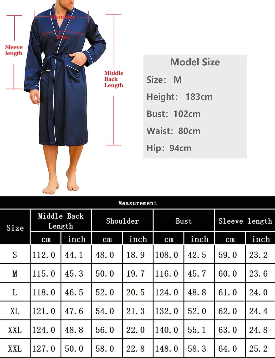 Thumbnail 5 de Bresdk Peignoir Homme Satin – Peignoir de Bain en Polyester, manches longues, couleur unie, confort léger